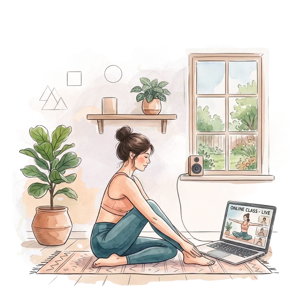 Illustration of a woman sitting on a mat during an online yoga class, surrounded by plants and smoke on a black background.