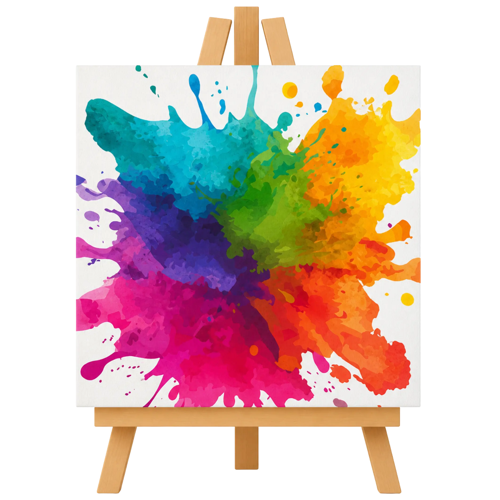 Minimalist illustration of a wooden easel holding a canvas with a vibrant rainbow-colored paint splatter featuring dynamic drips and splashes.