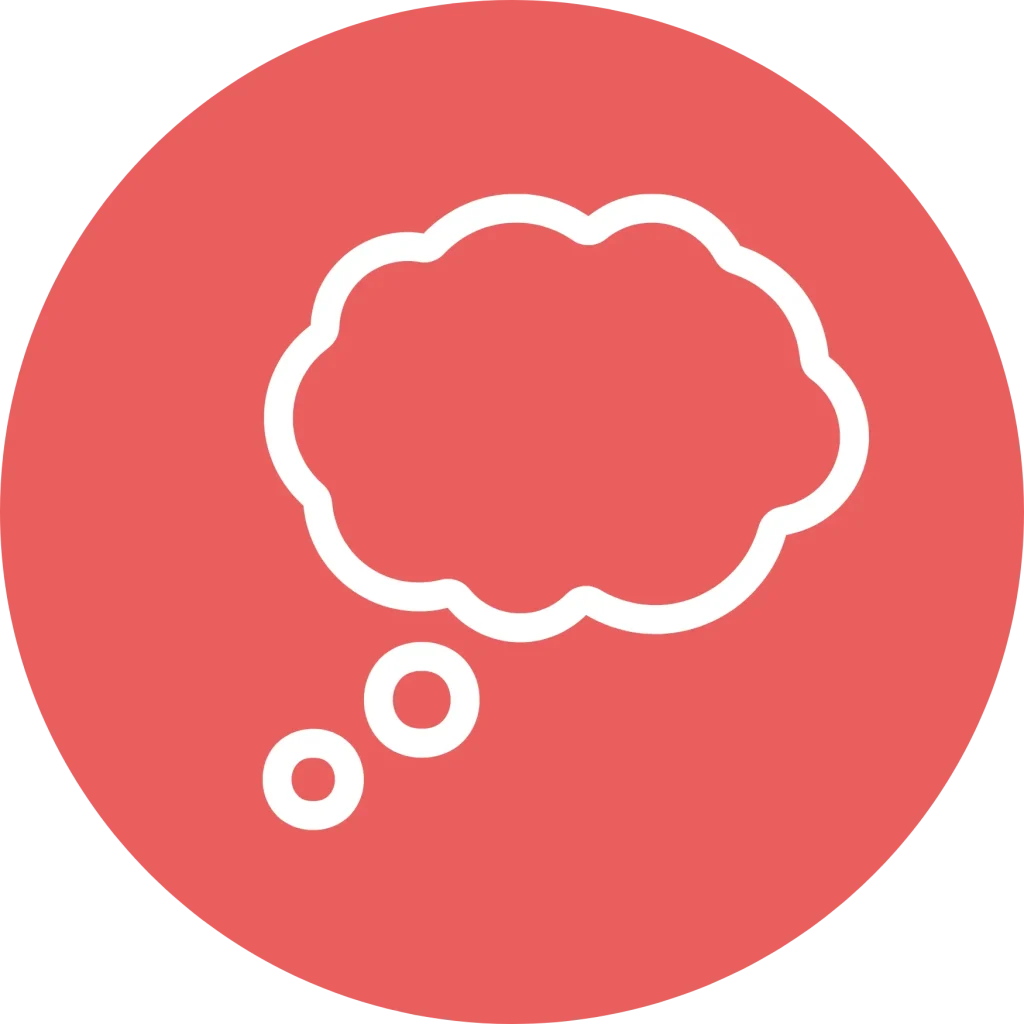 Minimalist graphic featuring a white speech bubble outline centered within a vibrant red orange circle.
