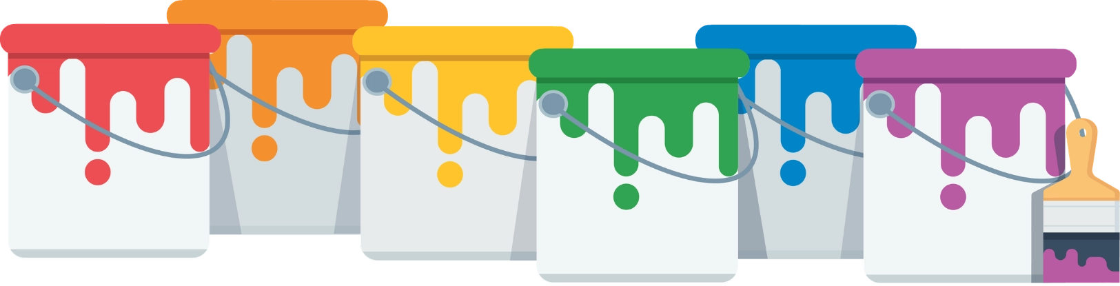 Minimalist illustration of a row of six paint buckets in rainbow colors—red, orange, yellow, green, blue, and purple—with matching paint drips and a single paintbrush.