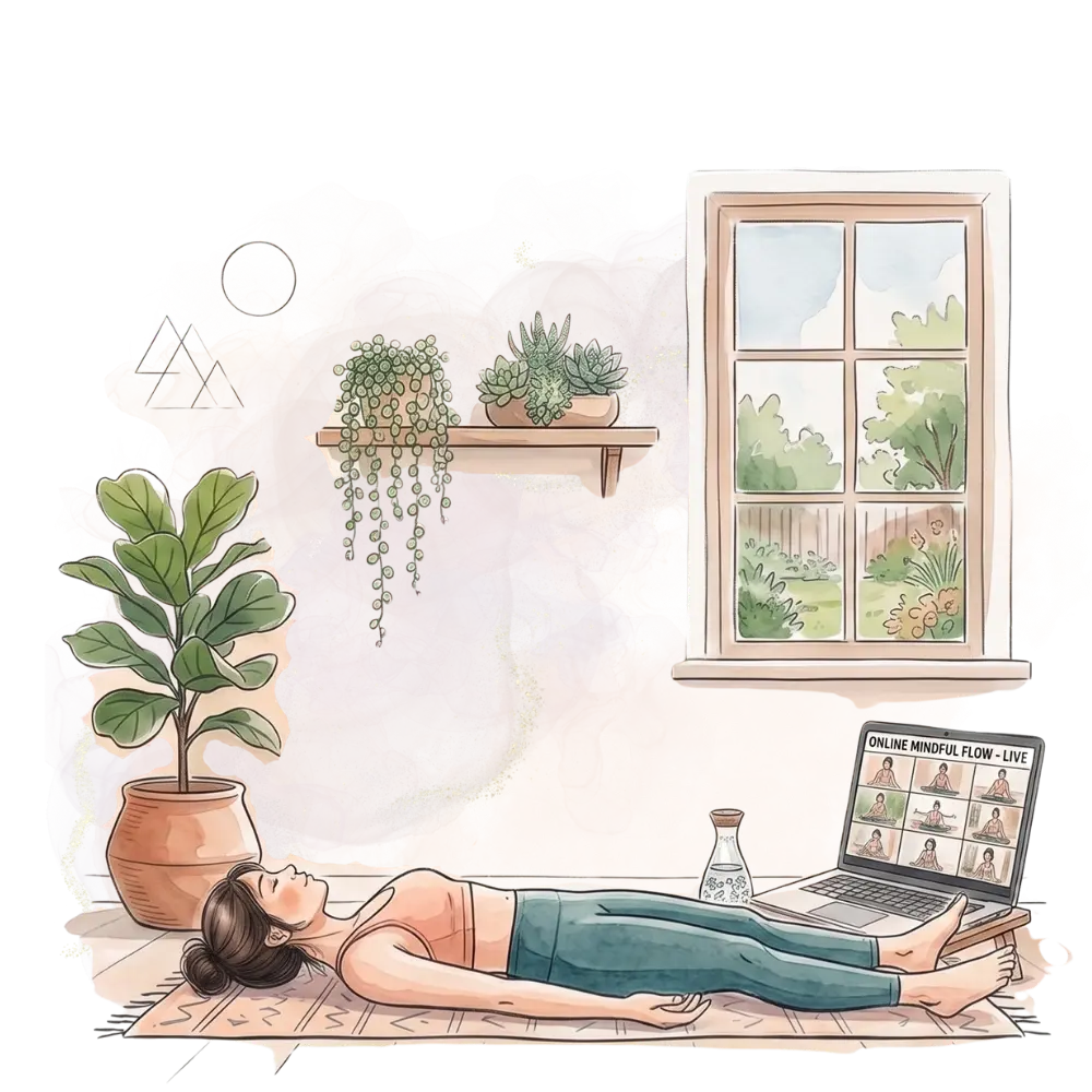 Illustration of a woman in corpse pose during an online yoga class, surrounded by plants and smoke on a black background.