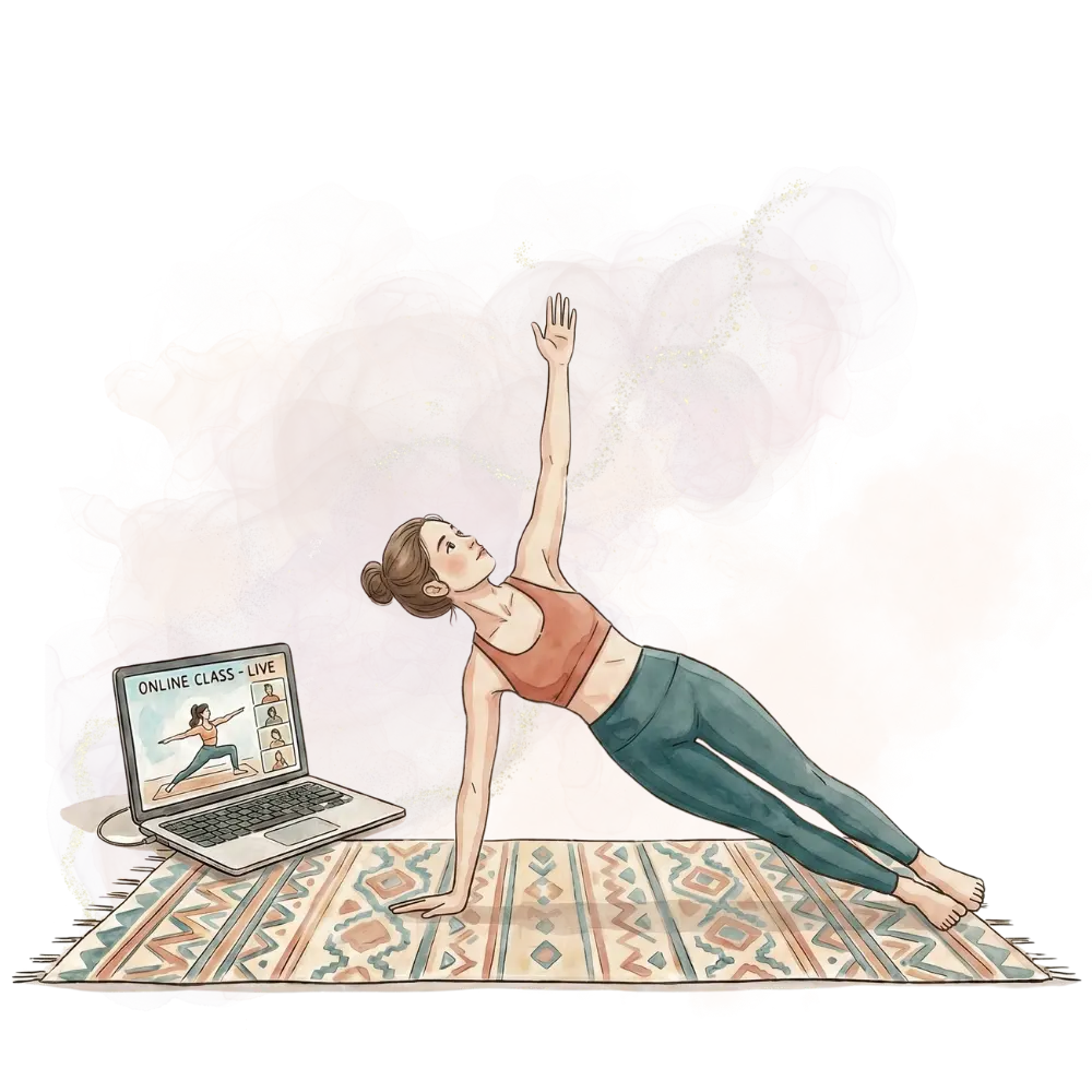 An illustration of a woman in a side plank during an online yoga class, with dark smoke textures on a black background.
