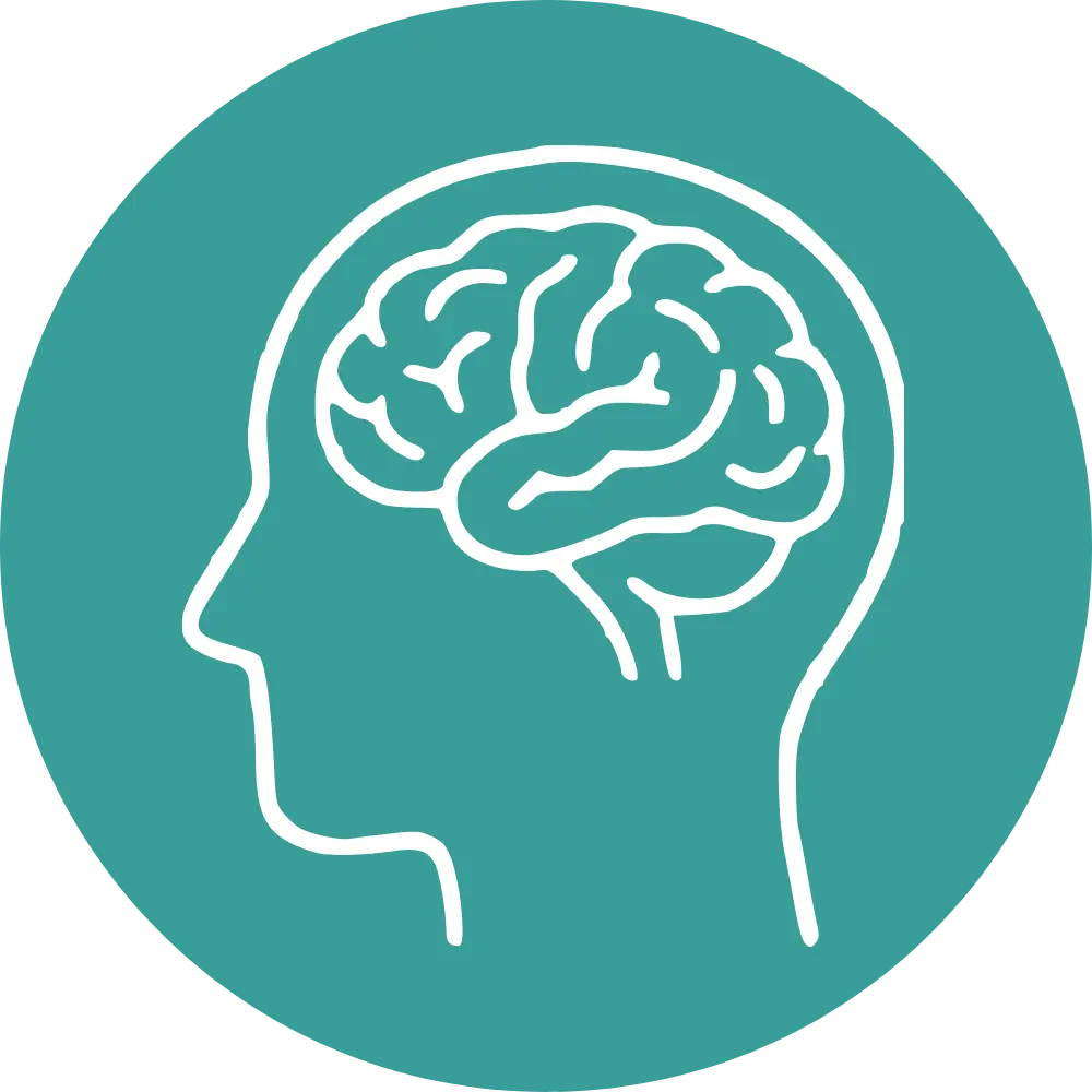 Minimalist graphic featuring a white head with brain outline centered within a vibrant teal circle.