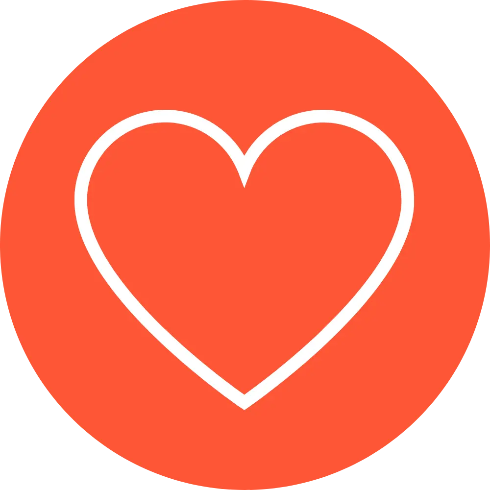 Minimalist graphic featuring a white heart outline centered within a vibrant orange circle.