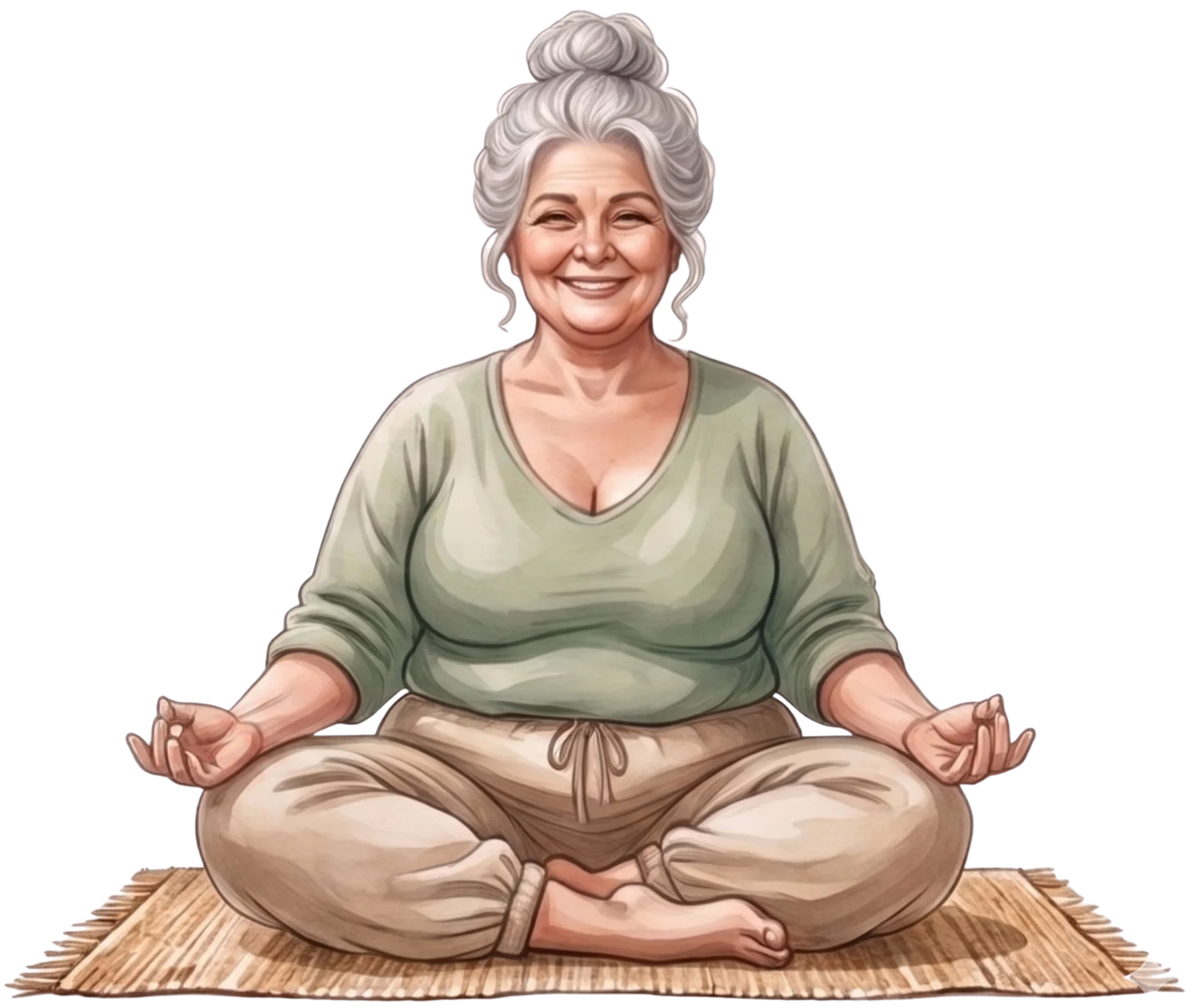 Illustration of a smiling senior woman with gray hair in a bun, meditating cross-legged on a mat against a black background.