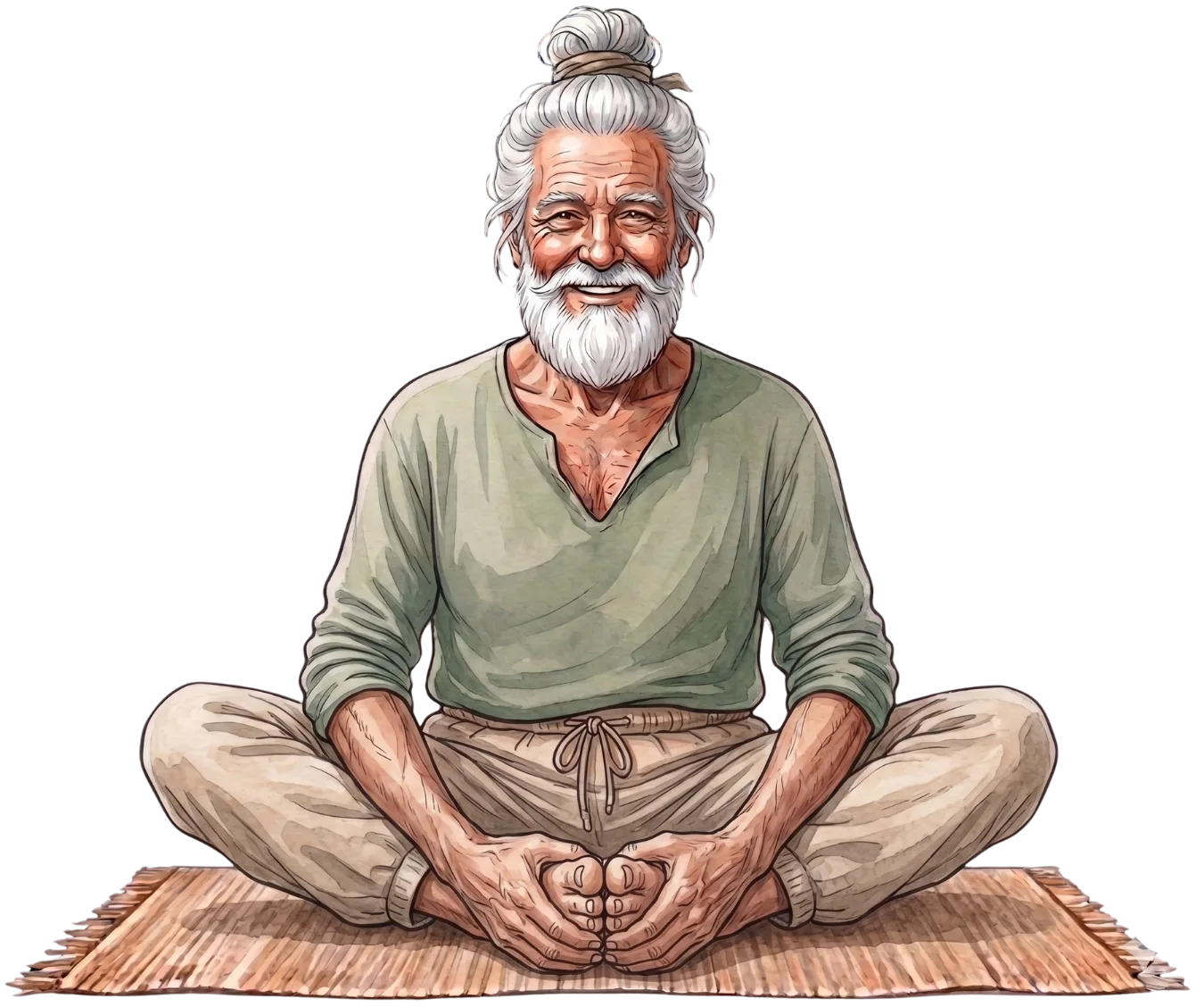 Illustration of an elderly man with a white beard sitting in a bound angle yoga pose on a mat against a black background.