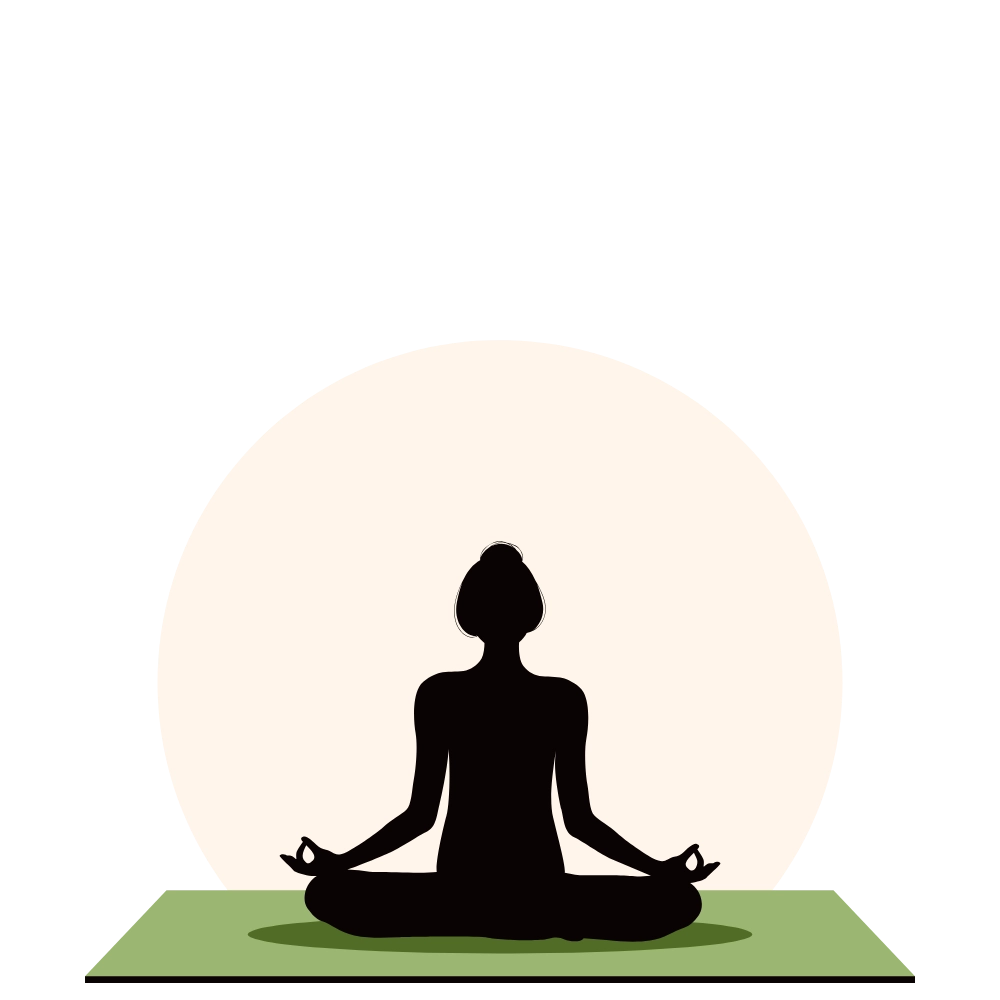 Silhouette of a person meditating in a cross-legged pose on a green mat against a pale circular background.
