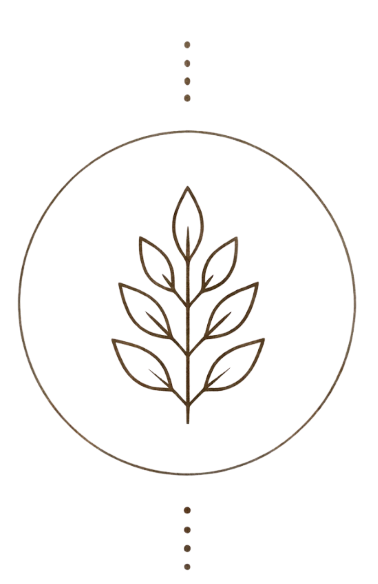 Minimalist bronze leaf branch emblem centered within a circle on a black background.