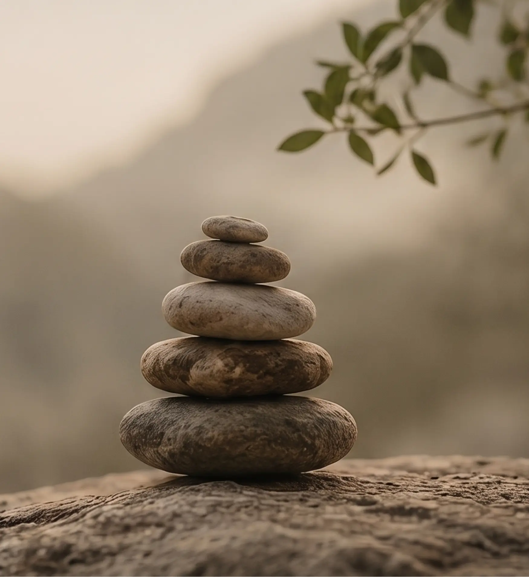 Zen stack of five smooth balanced stones on a rocky surface with a soft-focus mountain and leafy branch background.