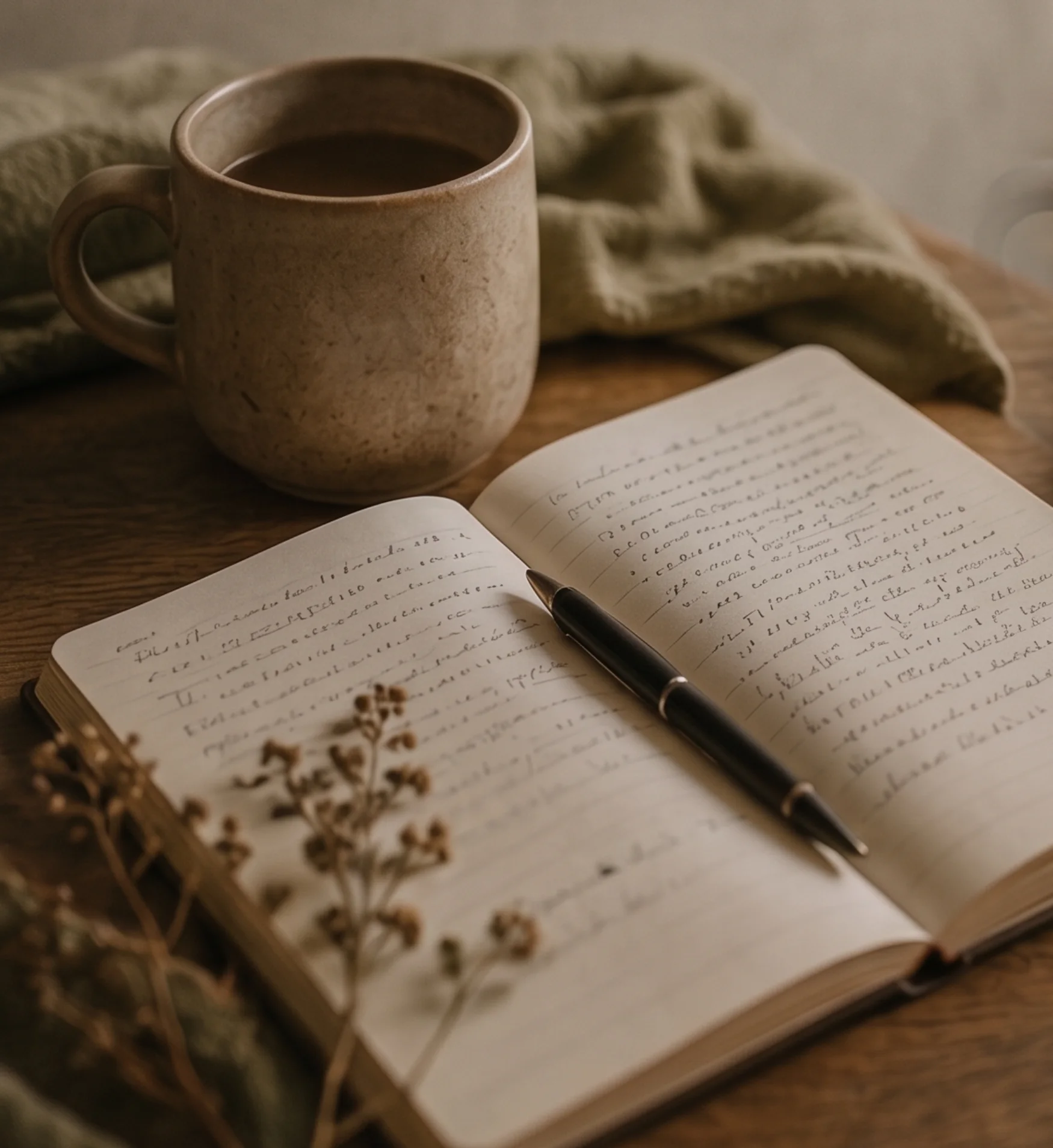 Cozy flat lay photograph of an open notebook with handwritten text, a black pen, and a ceramic mug of coffee on a wooden desk.