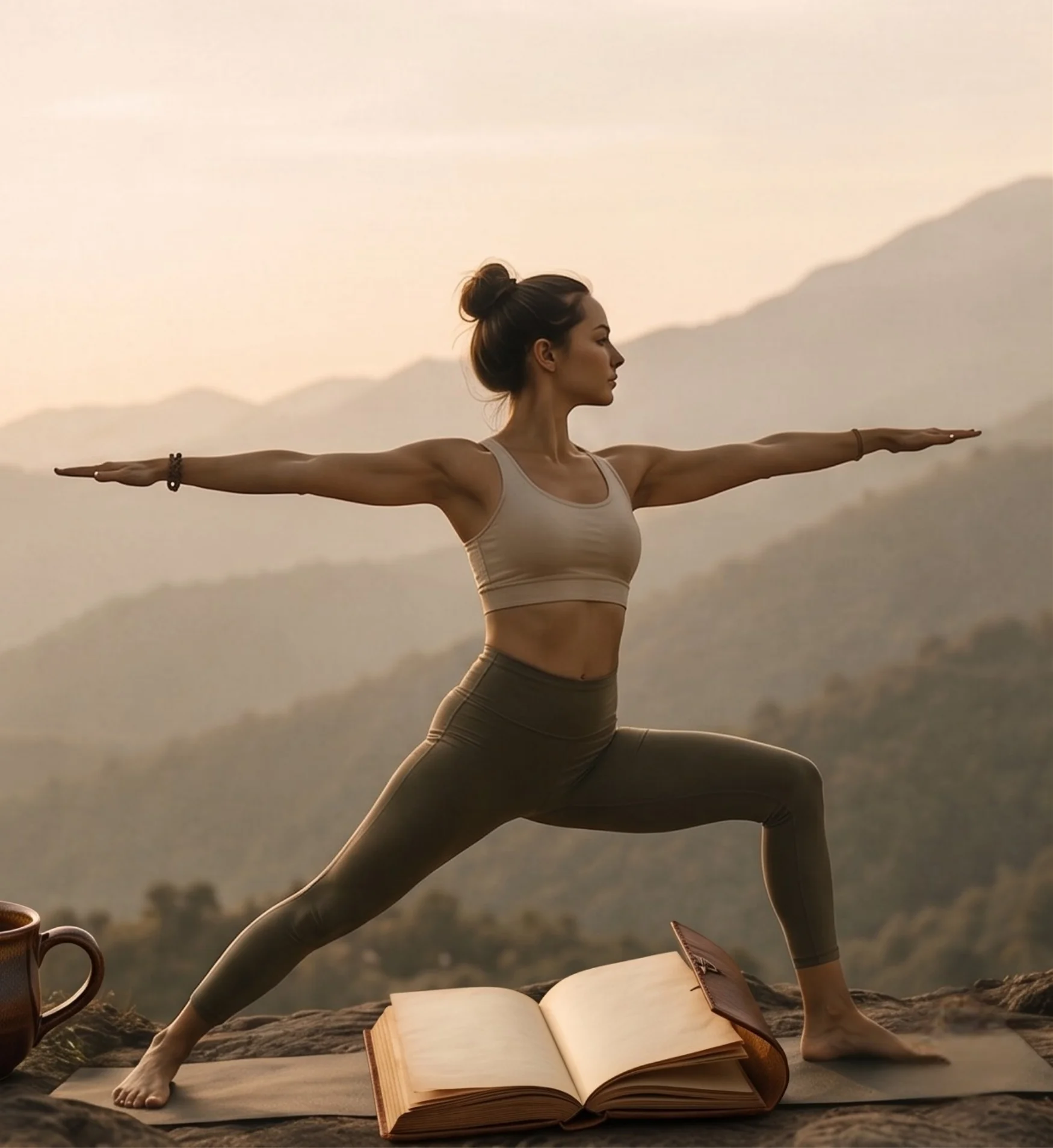A woman in a warrior II yoga pose on a rocky ledge with an open leather-bound book and a mug in the foreground, set against a backdrop of hazy mountains at sunset.