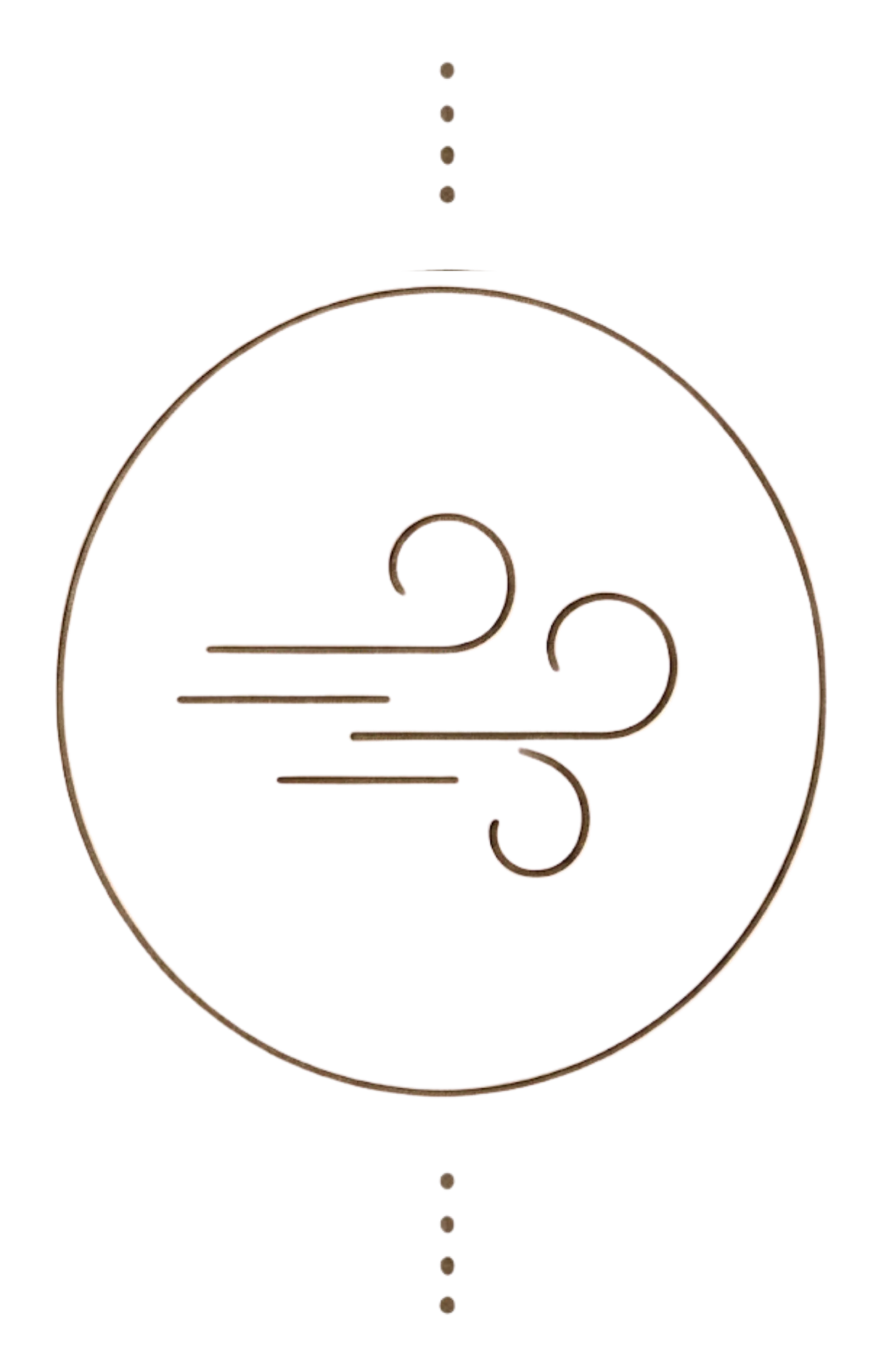 Minimalist bronze wind gust emblem centered within a circle on a black background.