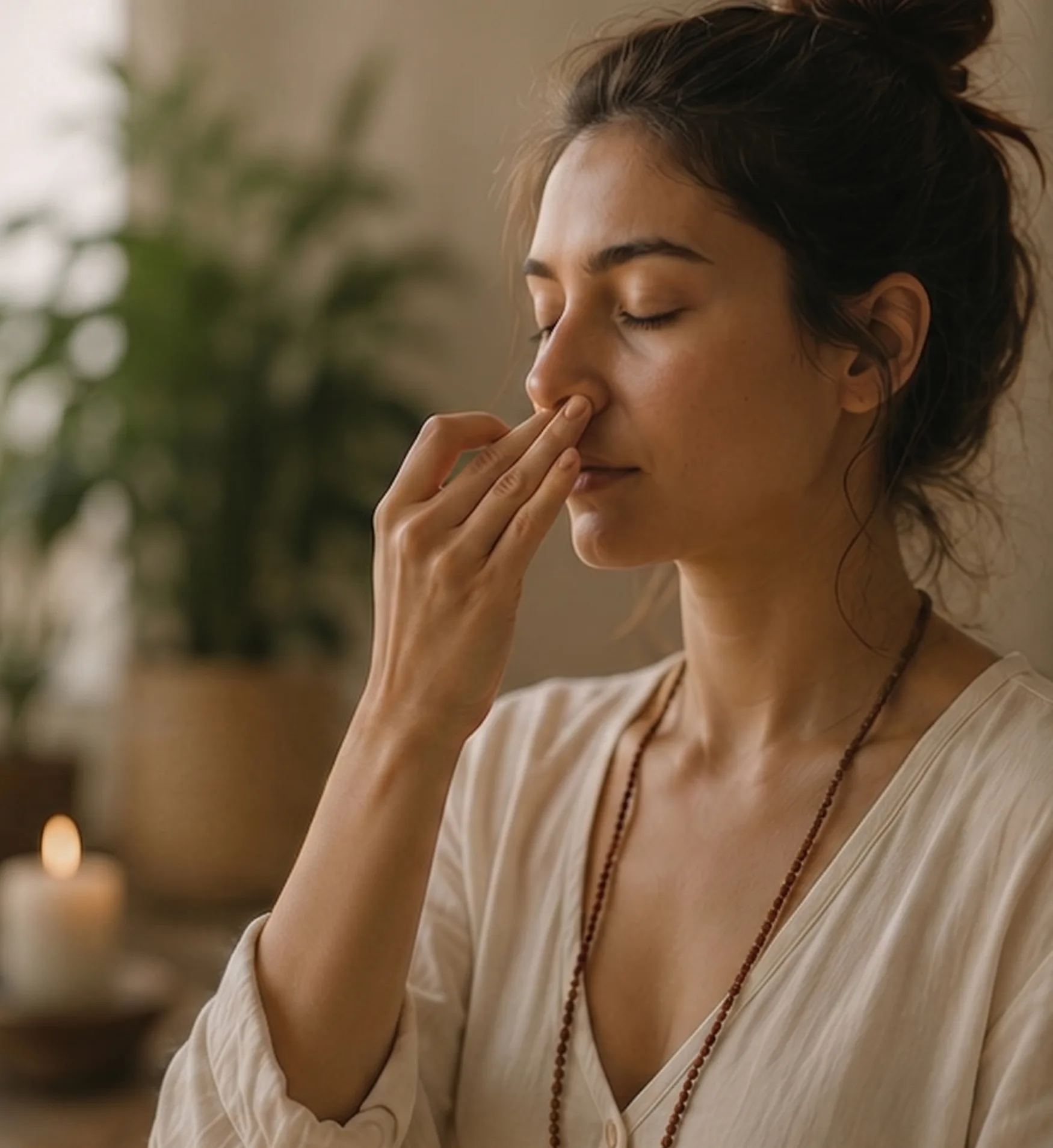A woman with her eyes closed practicing alternate nostril breathing, wearing a cream-colored top and a beaded necklace with a candle and a potted plant in the soft-focus background.