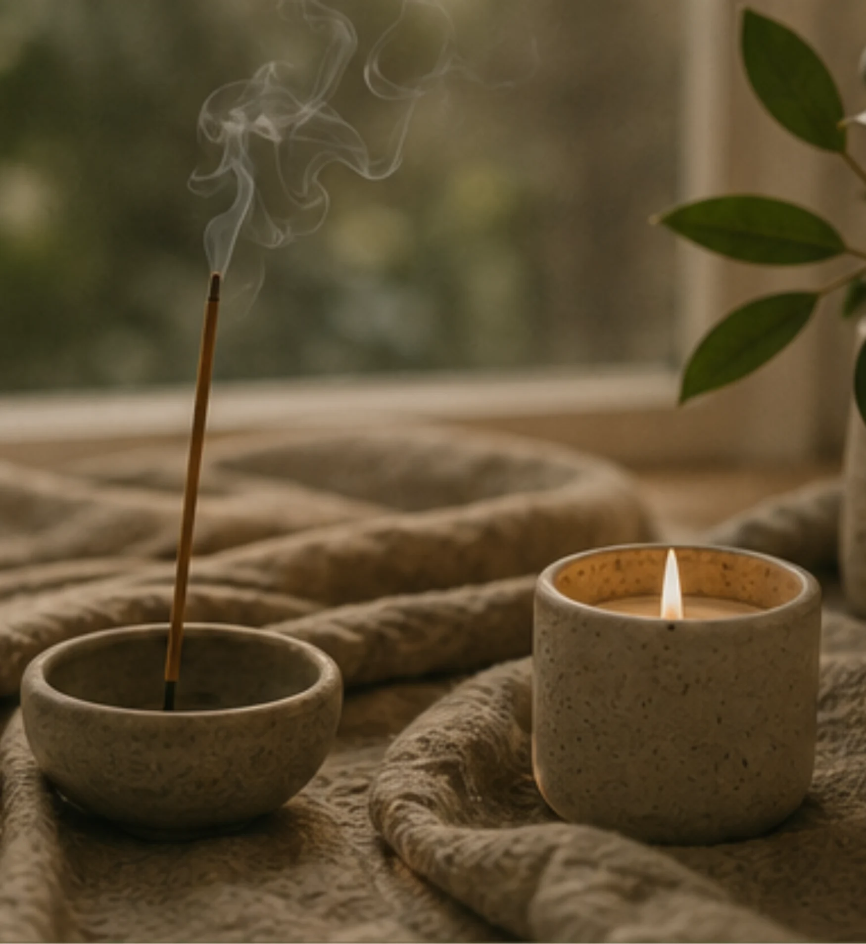 Burning incense stick with wisps of smoke in a stone bowl next to a lit candle in a textured ceramic holder on a neutral fabric surface.