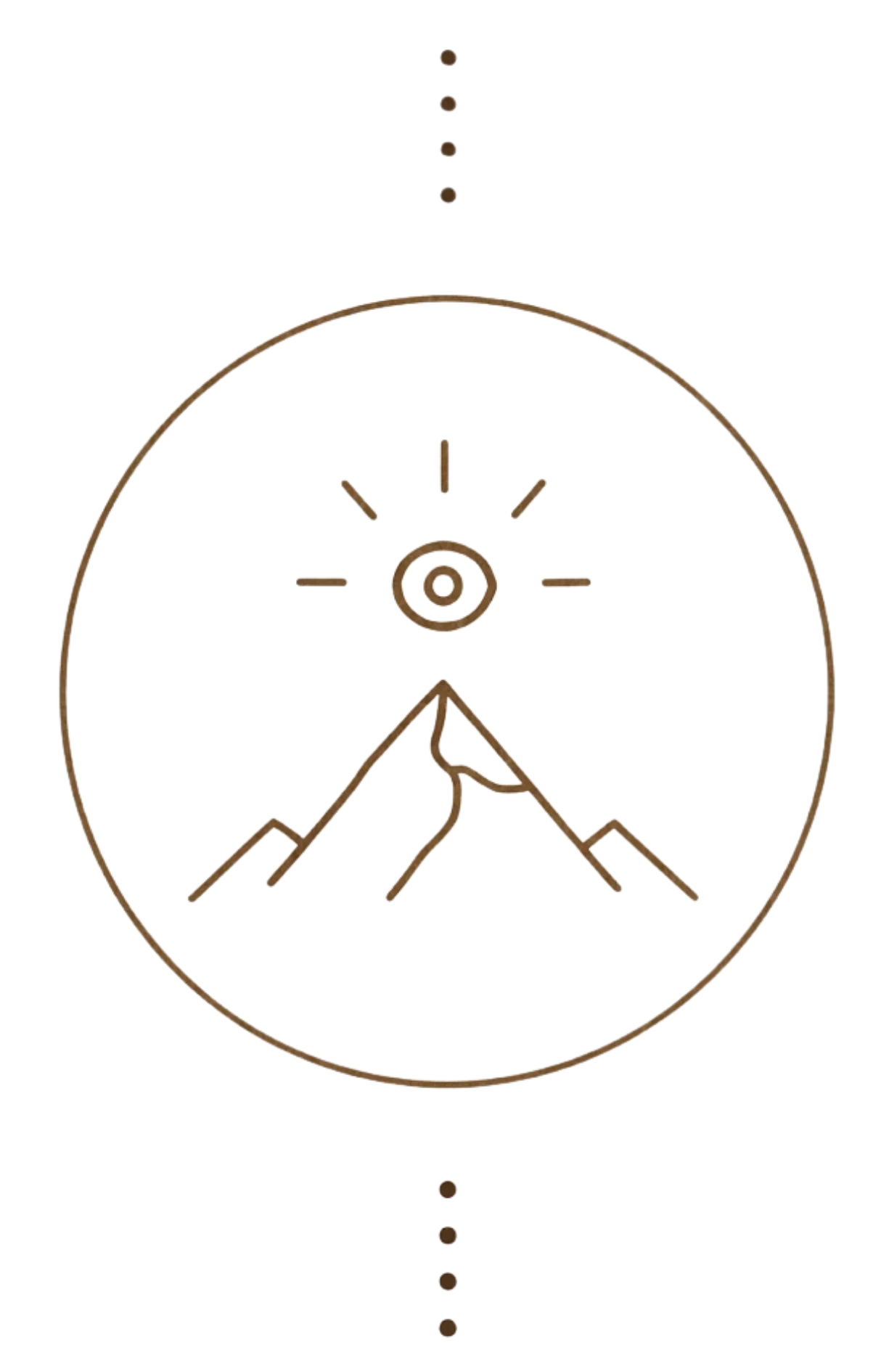 Minimalist bronze mountain peak and sun emblem centered within a circle on a black background.