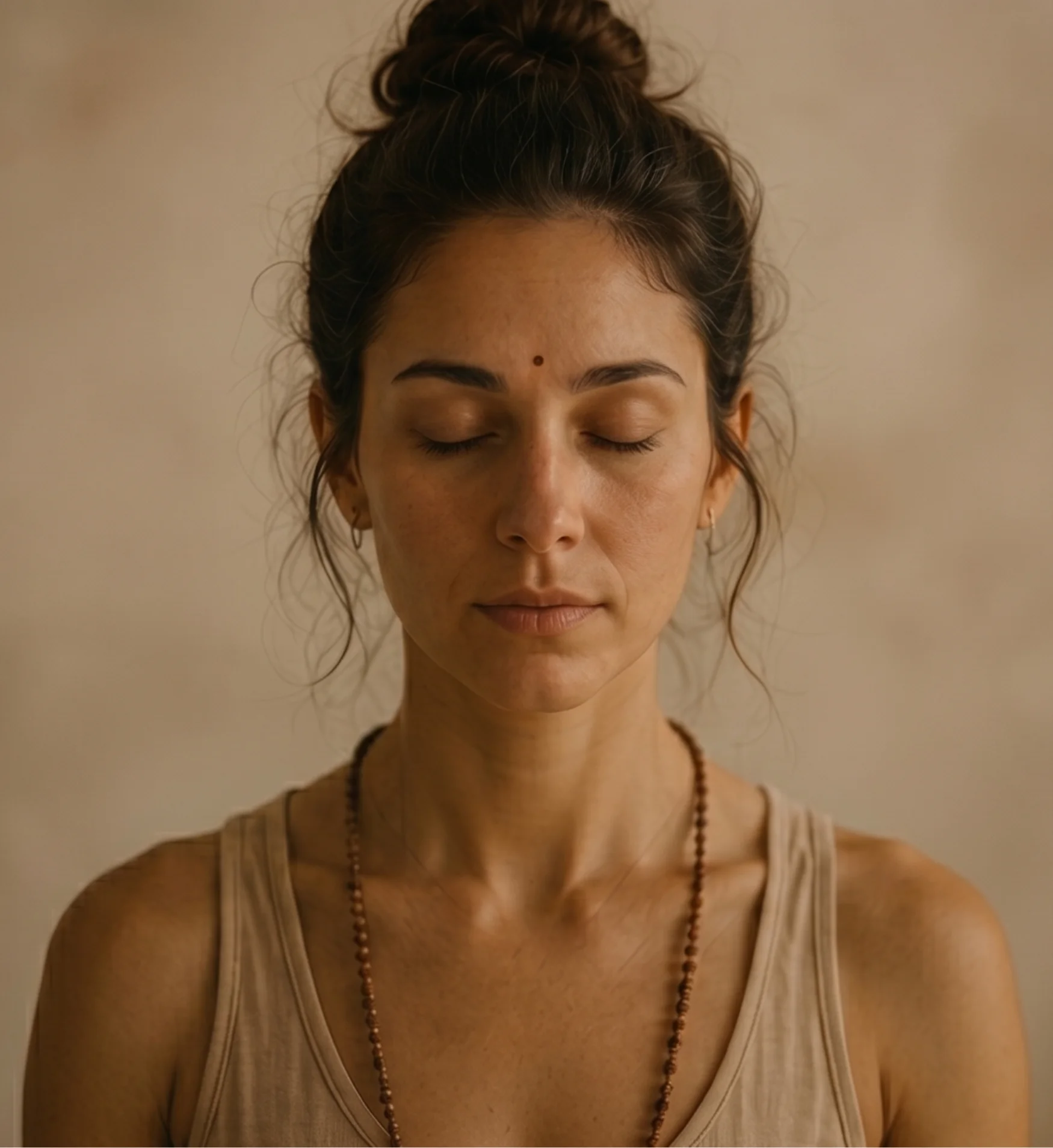 Close-up photograph of a woman with her eyes closed in meditation, wearing a bindi and a beaded mala necklace against a neutral, warm-toned background.