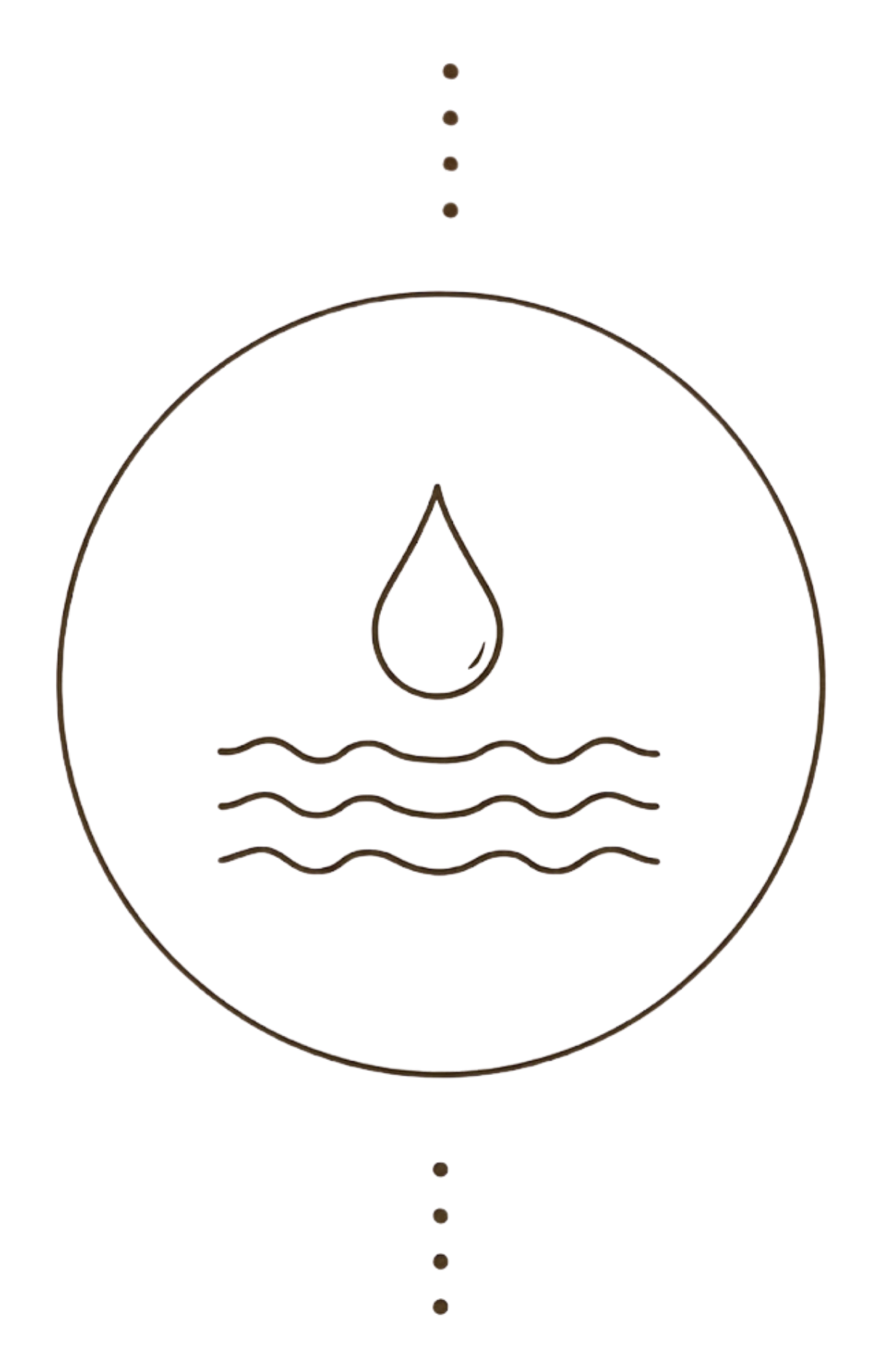 Minimalist bronze water drop and waves emblem centered within a circle on a black background.