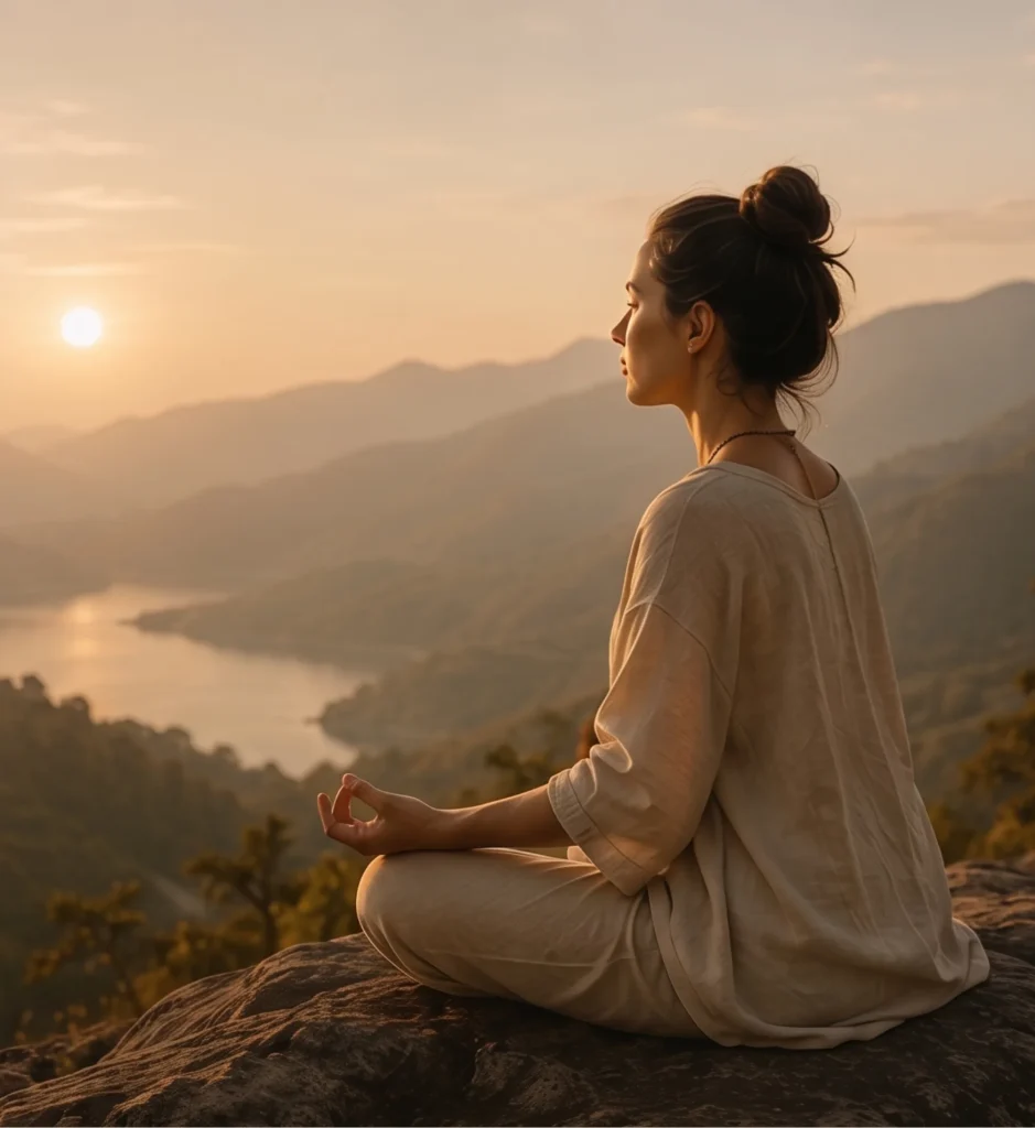 A side profile of a woman meditating in a seated pose on a rocky overlook, facing a valley with a lake and distant mountains under a setting sun.