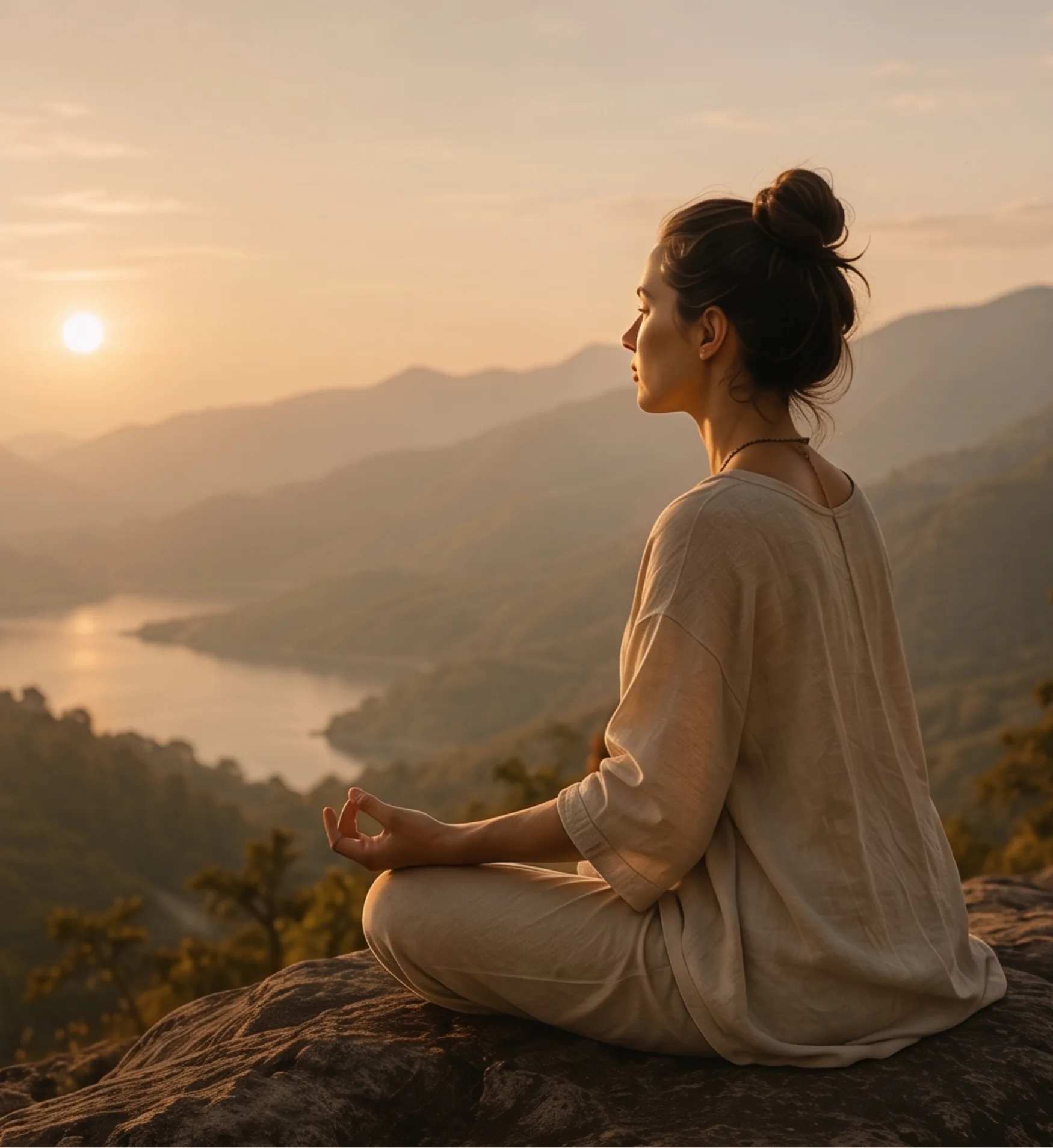 A side profile of a woman meditating in a seated pose on a rocky overlook, facing a valley with a lake and distant mountains under a setting sun.