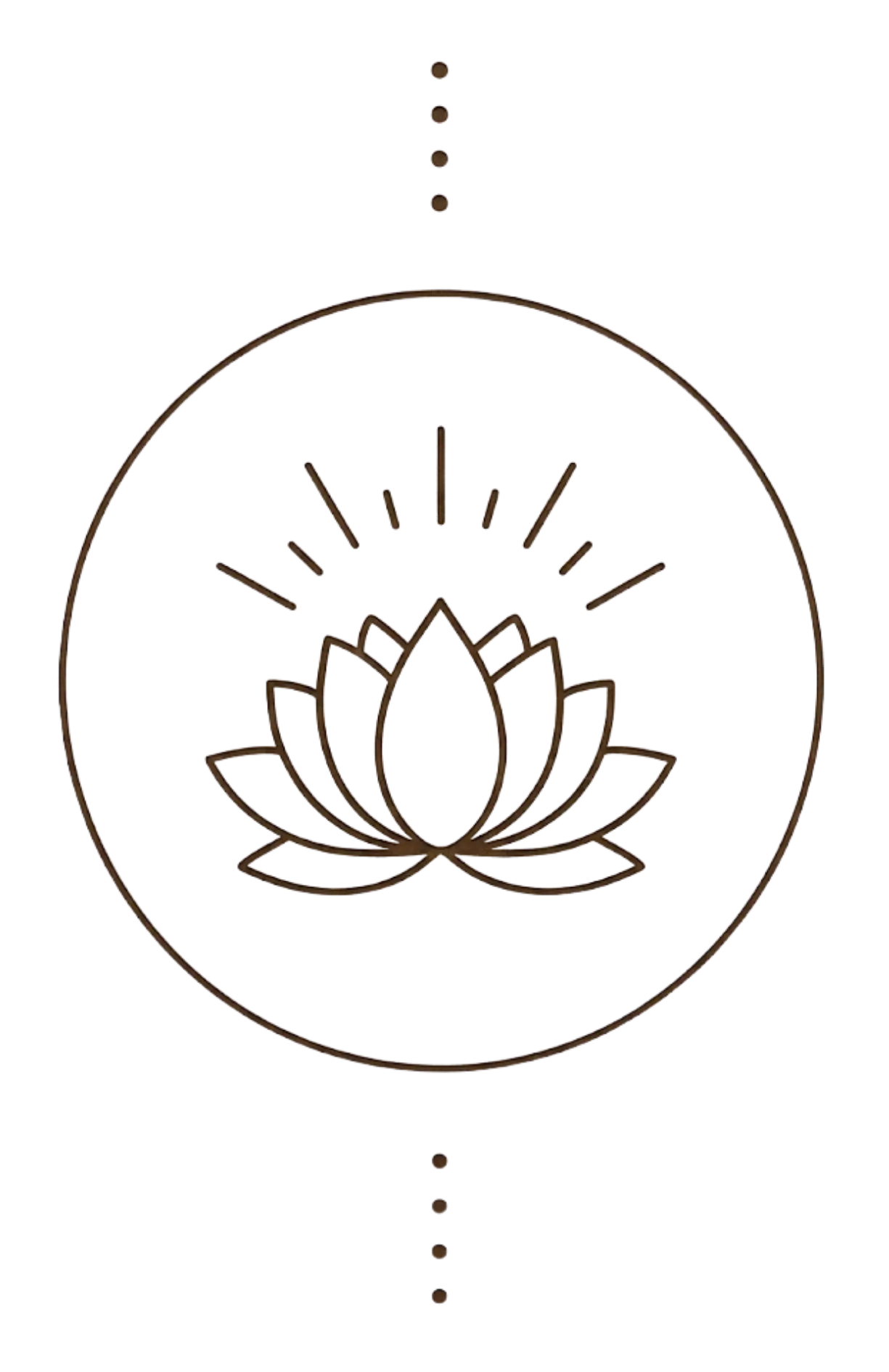 Minimalist bronze lotus flower with radiant light rays emblem centered within a circle on a black background.