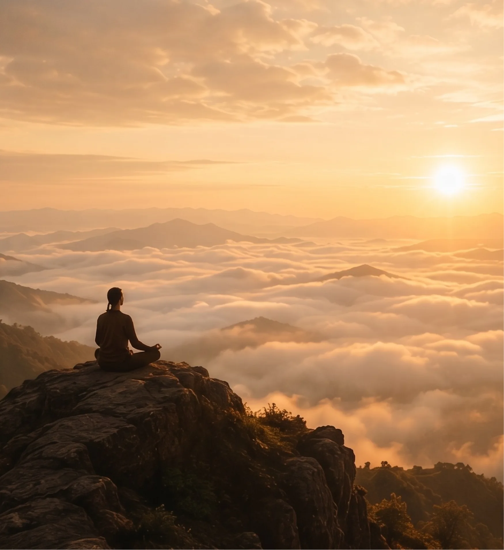 A person sits in a meditative pose on a rocky mountain peak, looking out over a vast sea of clouds and distant mountain ranges illuminated by a bright, rising sun.