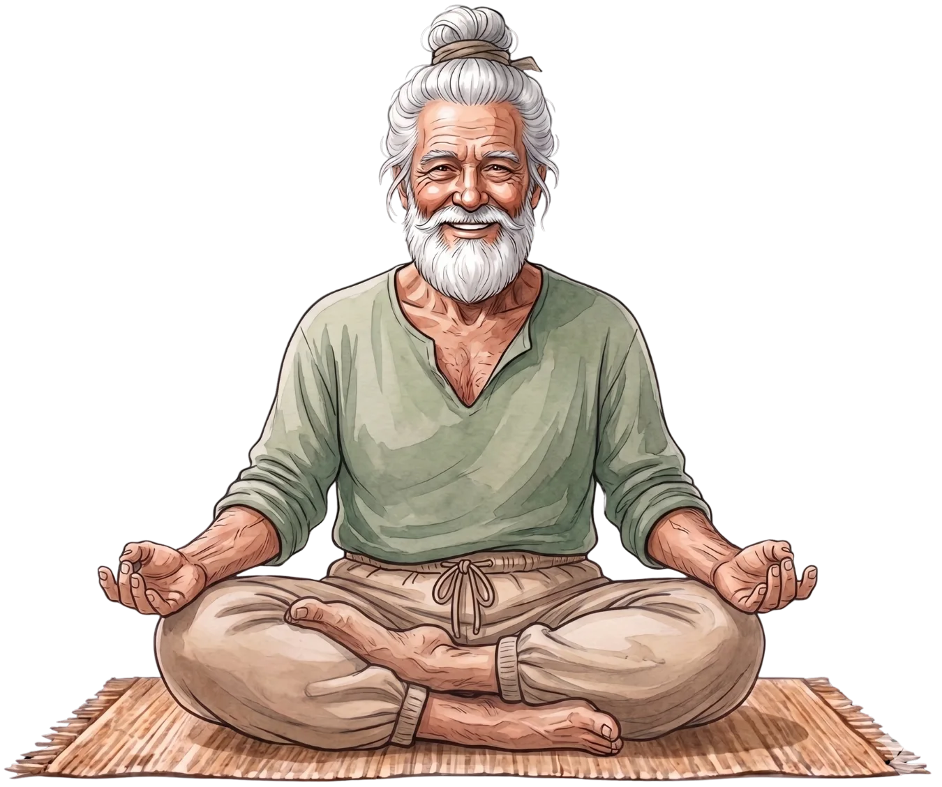 Illustration of an elderly man with a white beard sitting in a cross-legged yoga pose on a mat against a black background.