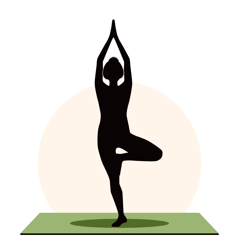 Silhouette of a person practicing tree pose on a green mat against a pale circular background.