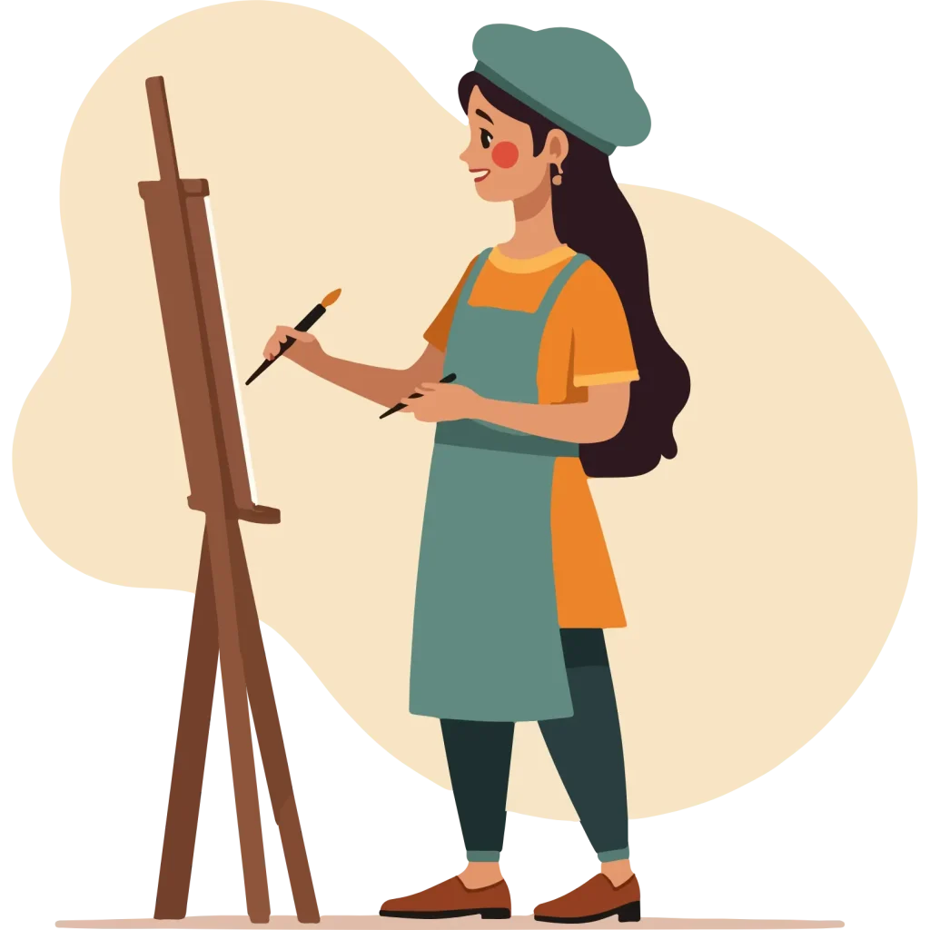 Minimalist illustration of a female artist wearing a green beret and apron, standing at a wooden easel and holding two paintbrushes against a soft beige abstract background.