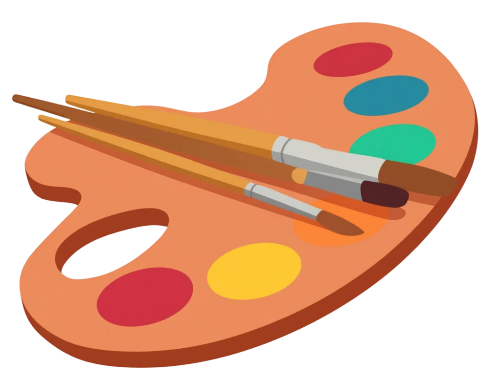 Minimalist illustration of a wooden paint palette with various colorful paint dabs and three paintbrushes resting on top.