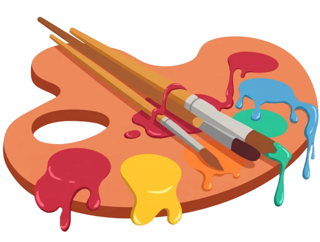 Minimalist illustration of a wooden paint palette with colorful paint drips and three paintbrushes resting on top.