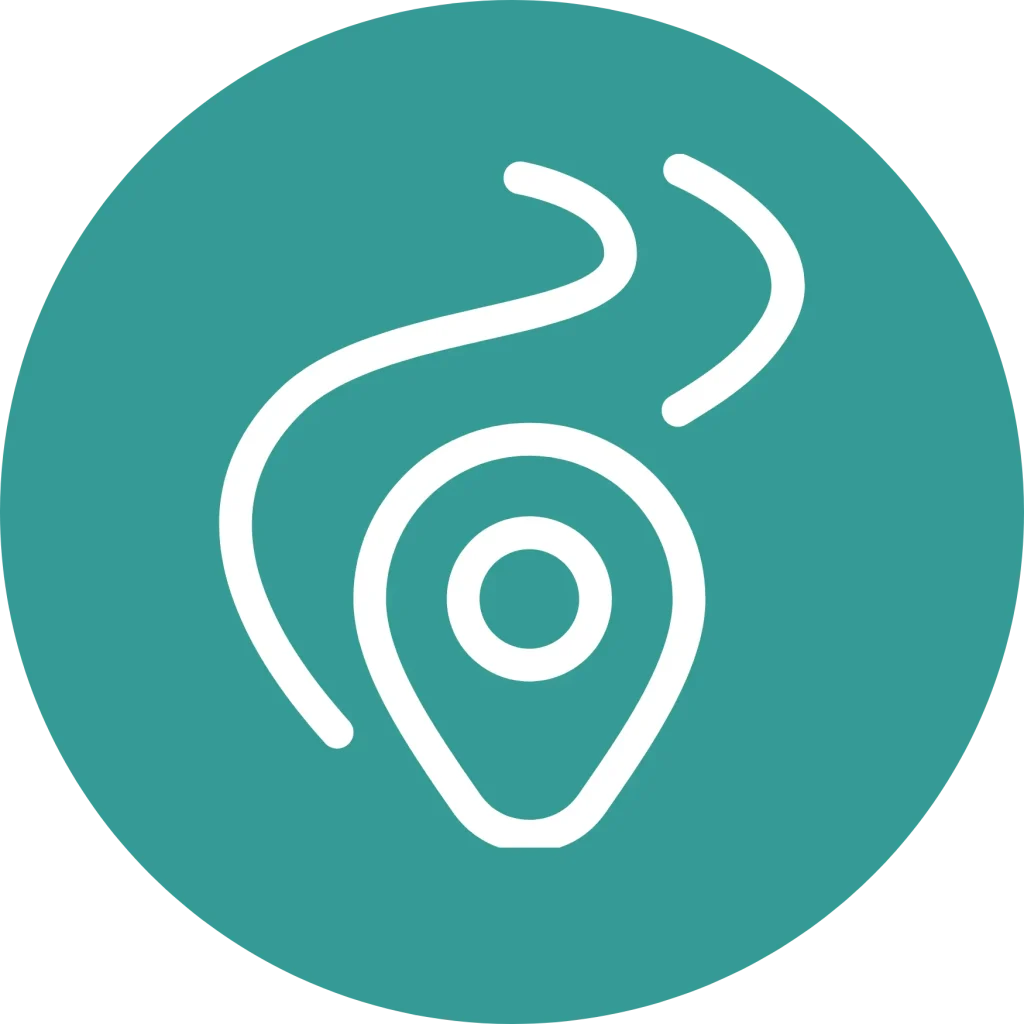 Minimalist graphic featuring a white path with pin outline centered within a vibrant teal circle.