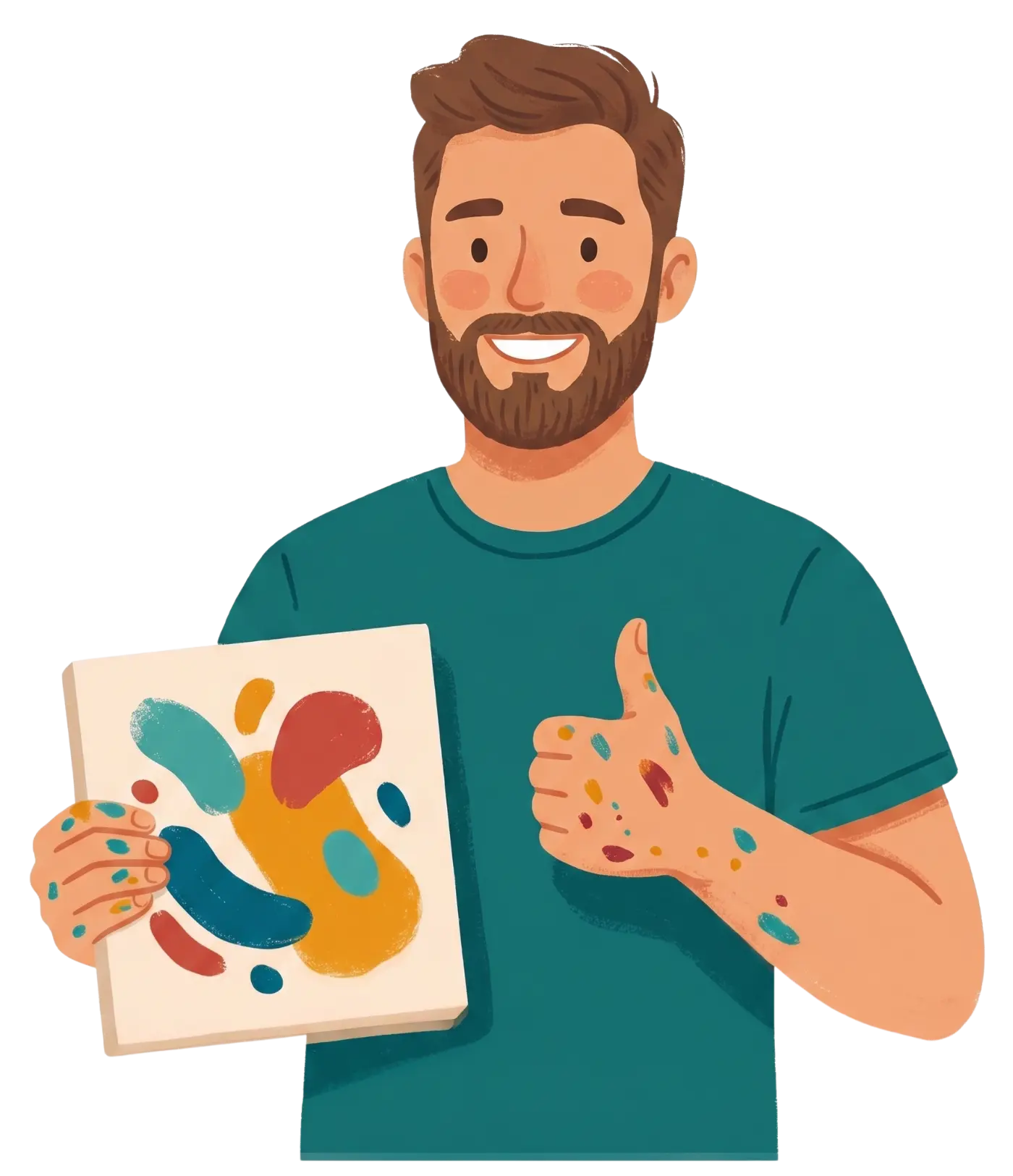 Minimalist illustration of a male artist with a beard giving a thumbs up while holding an abstract canvas, featuring colorful paint splatters on his hands.