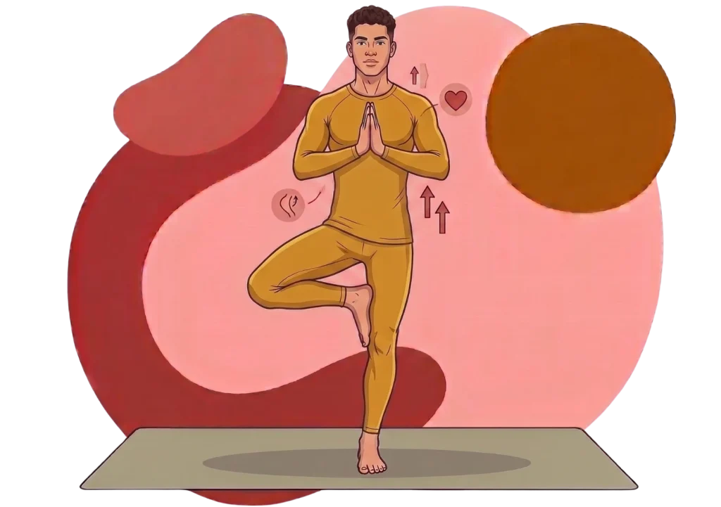 Illustration of a man in tree pose with icons showing the health benefits of yoga for heart health and posture.