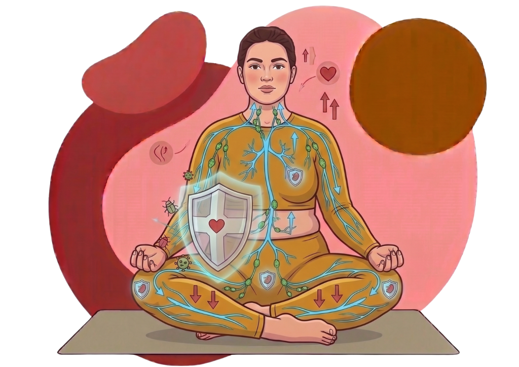 Illustration of a woman meditating with a shield to show the health benefits of yoga for immune support.