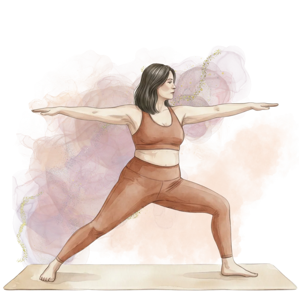 An illustration of a woman in warrior II yoga pose surrounded by pink smoke, on a black background.