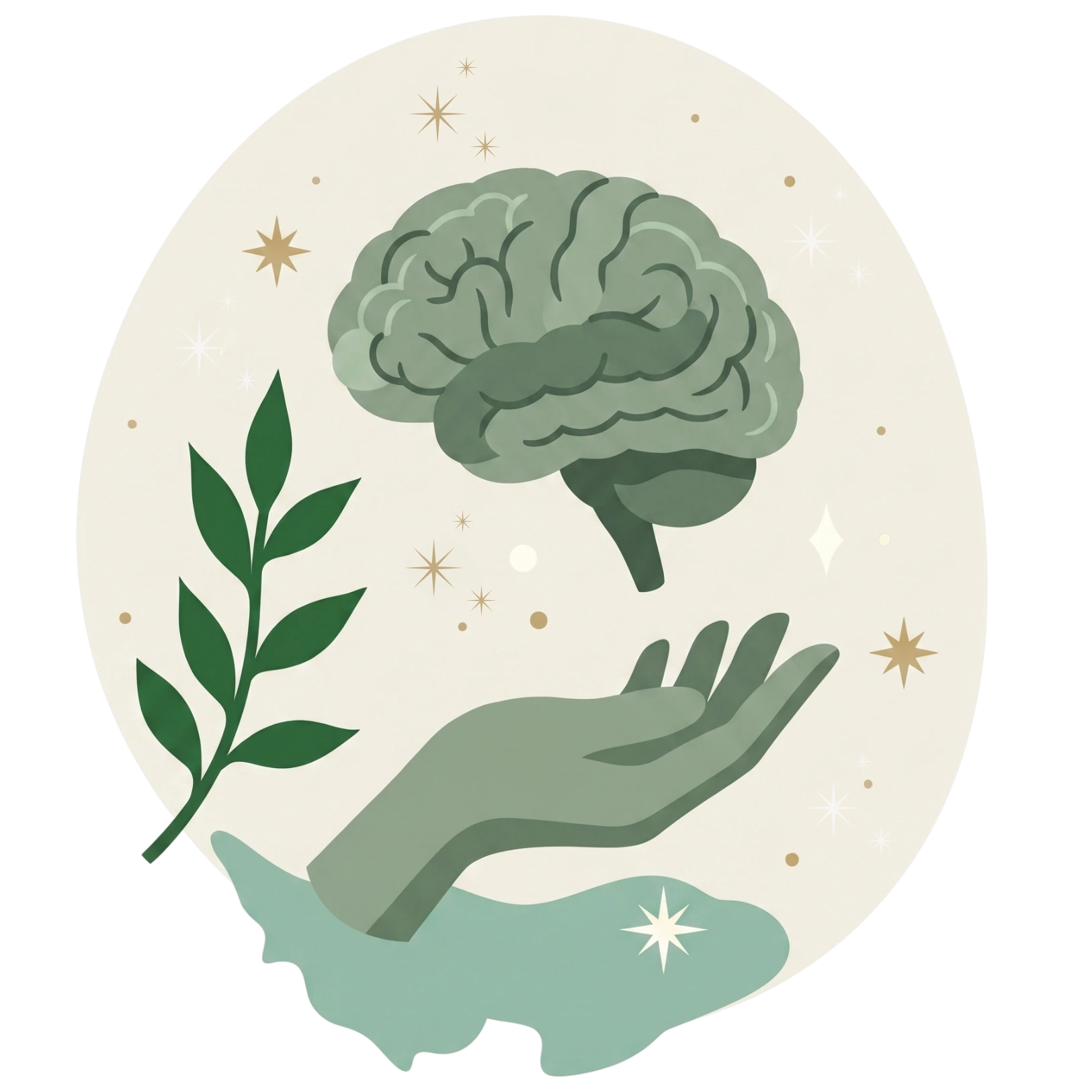 Illustration of a hand cradling a human brain next to a green branch, representing mental health care and wellness.