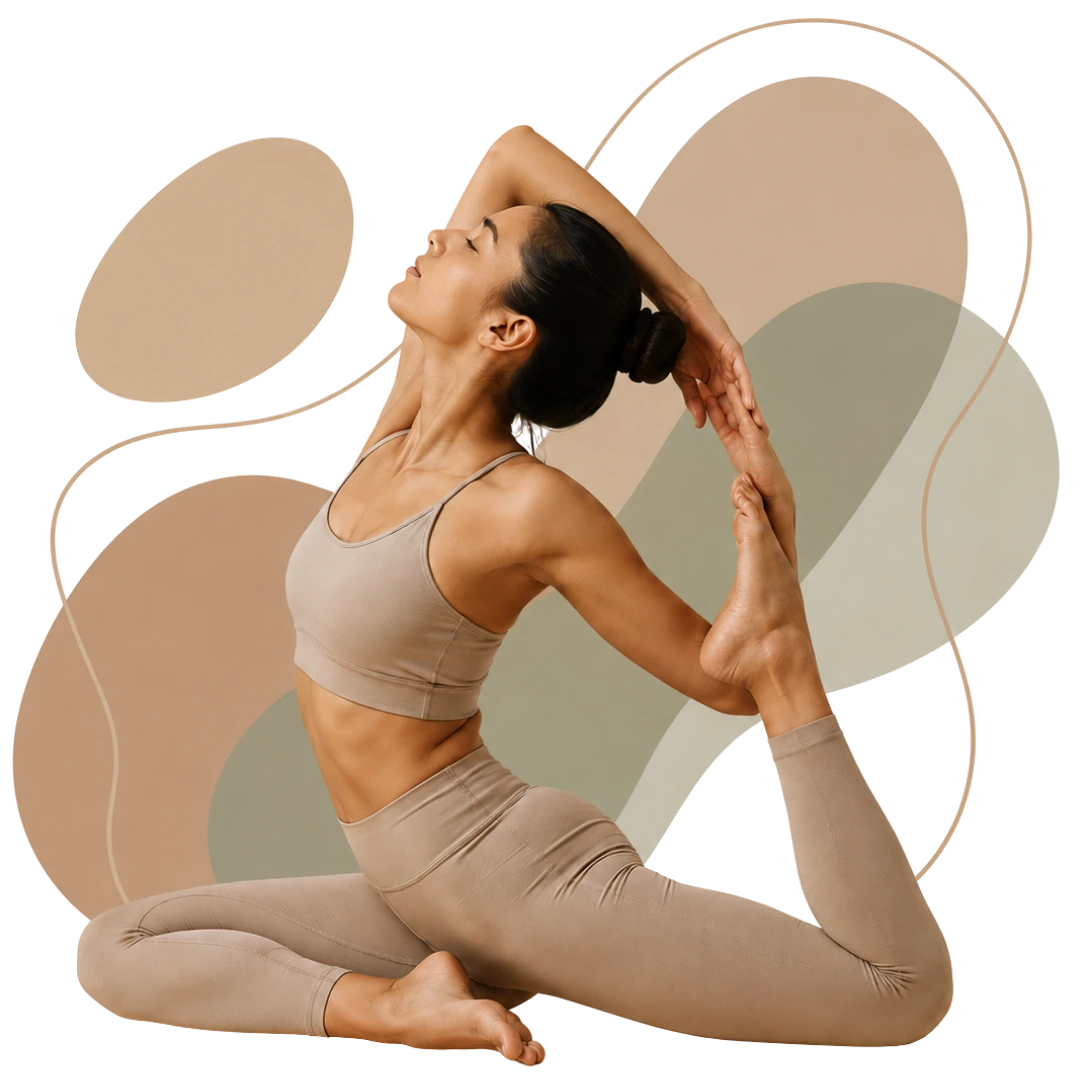 A woman in a king pigeon yoga pose, grasping her raised foot behind her head, centered against a black background with abstract, earthy-toned organic shapes and minimalist line art.