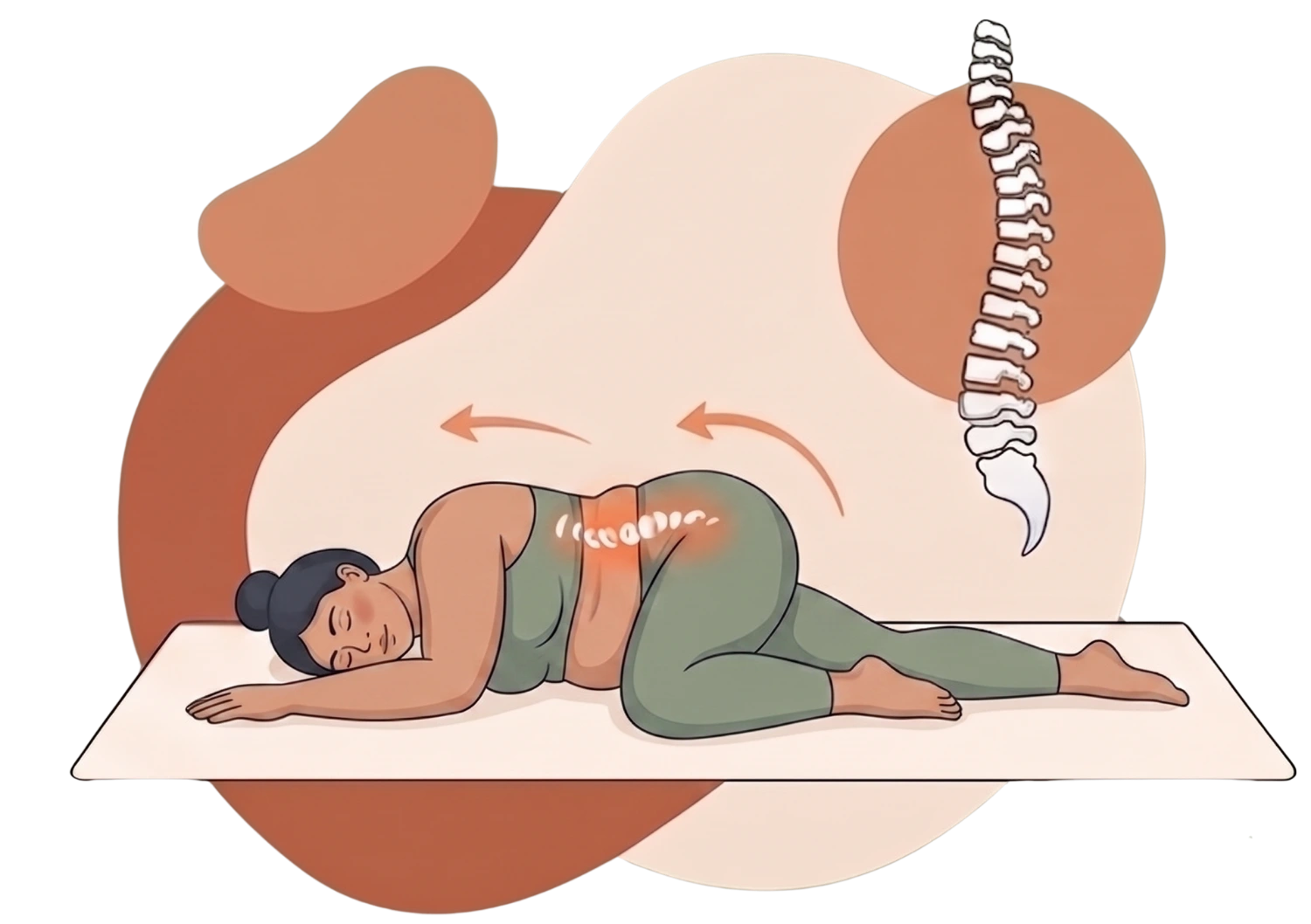 Illustration of a woman practicing a restorative pose to show the benefits of yoga for lower back pain and spinal health.