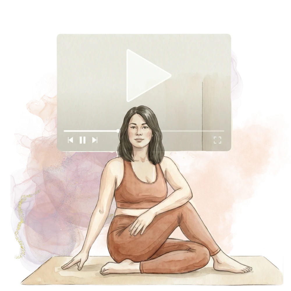 An illustration of a woman in a seated spinal twist during an online yoga class, surrounded by stylized smoke on a black background.