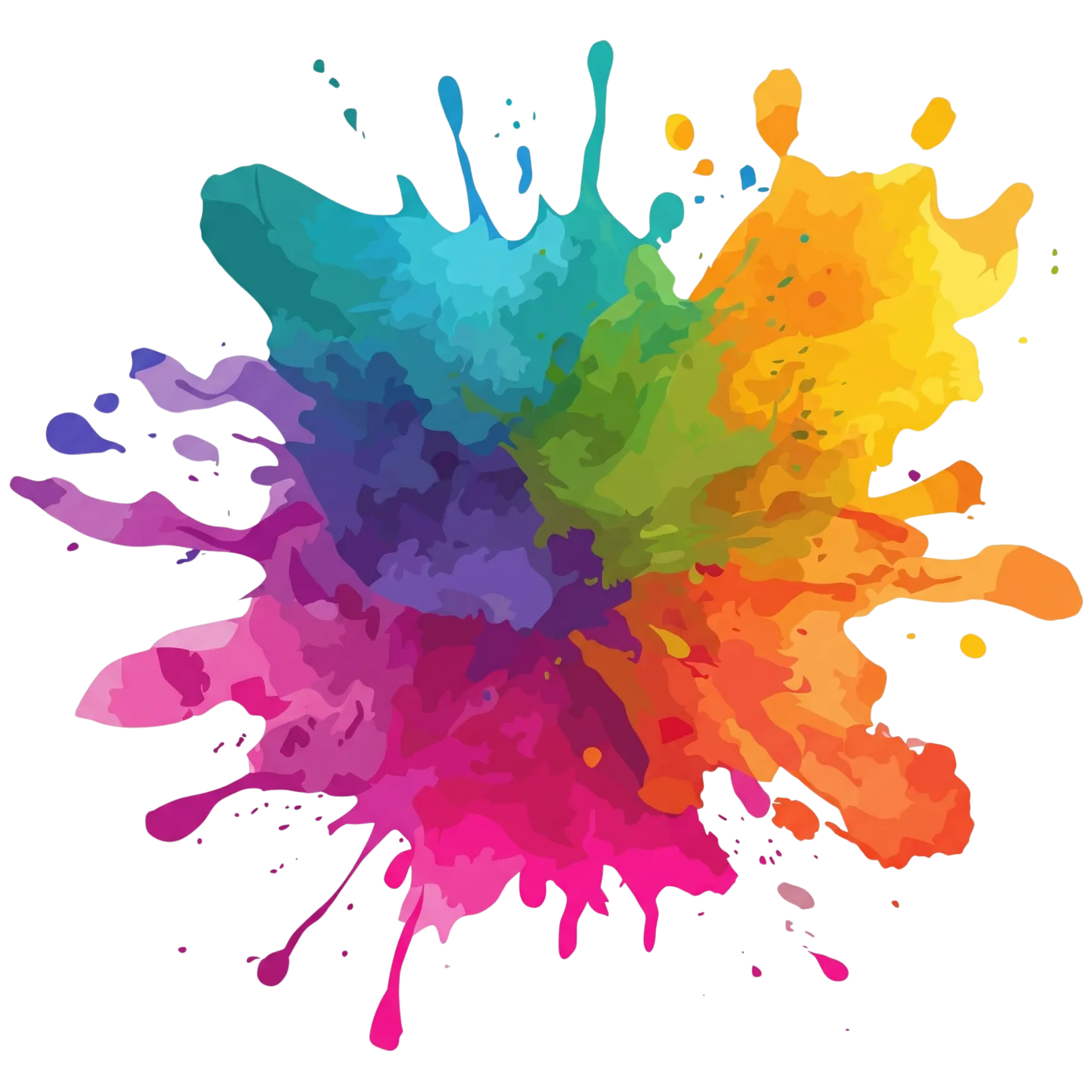Minimalist rainbow-colored paint splatter illustration with dynamic drips and splashes, blending shades of blue, green, yellow, orange, pink, and purple.