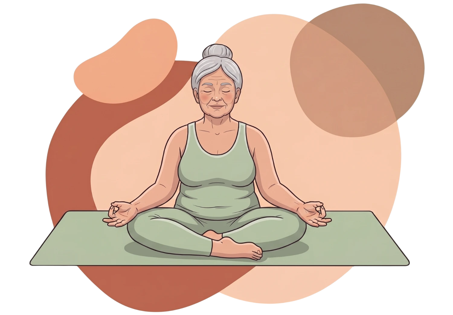 Illustration of an older woman with gray hair meditating cross-legged on a green mat, with abstract shapes on a black background.