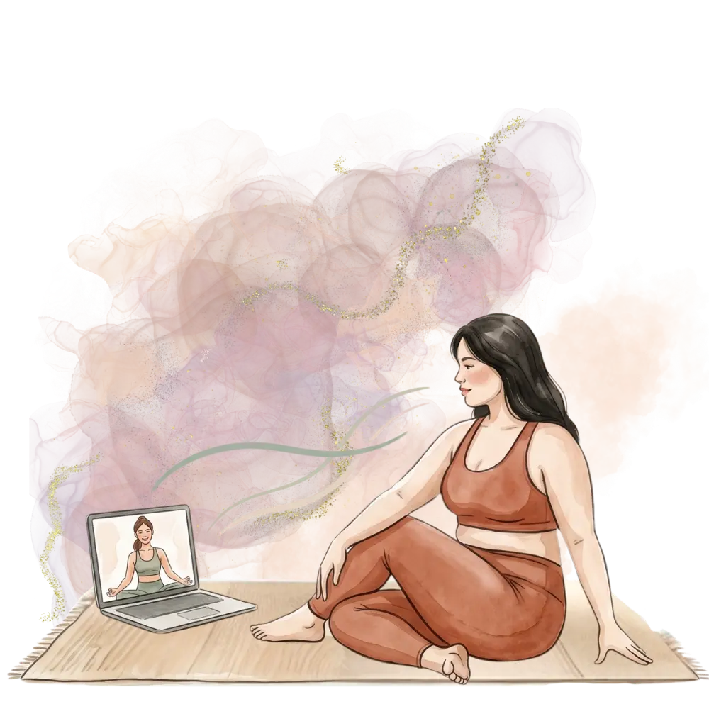 Illustration of a woman practicing a seated twist during an online yoga class, featuring decorative smoke waves.