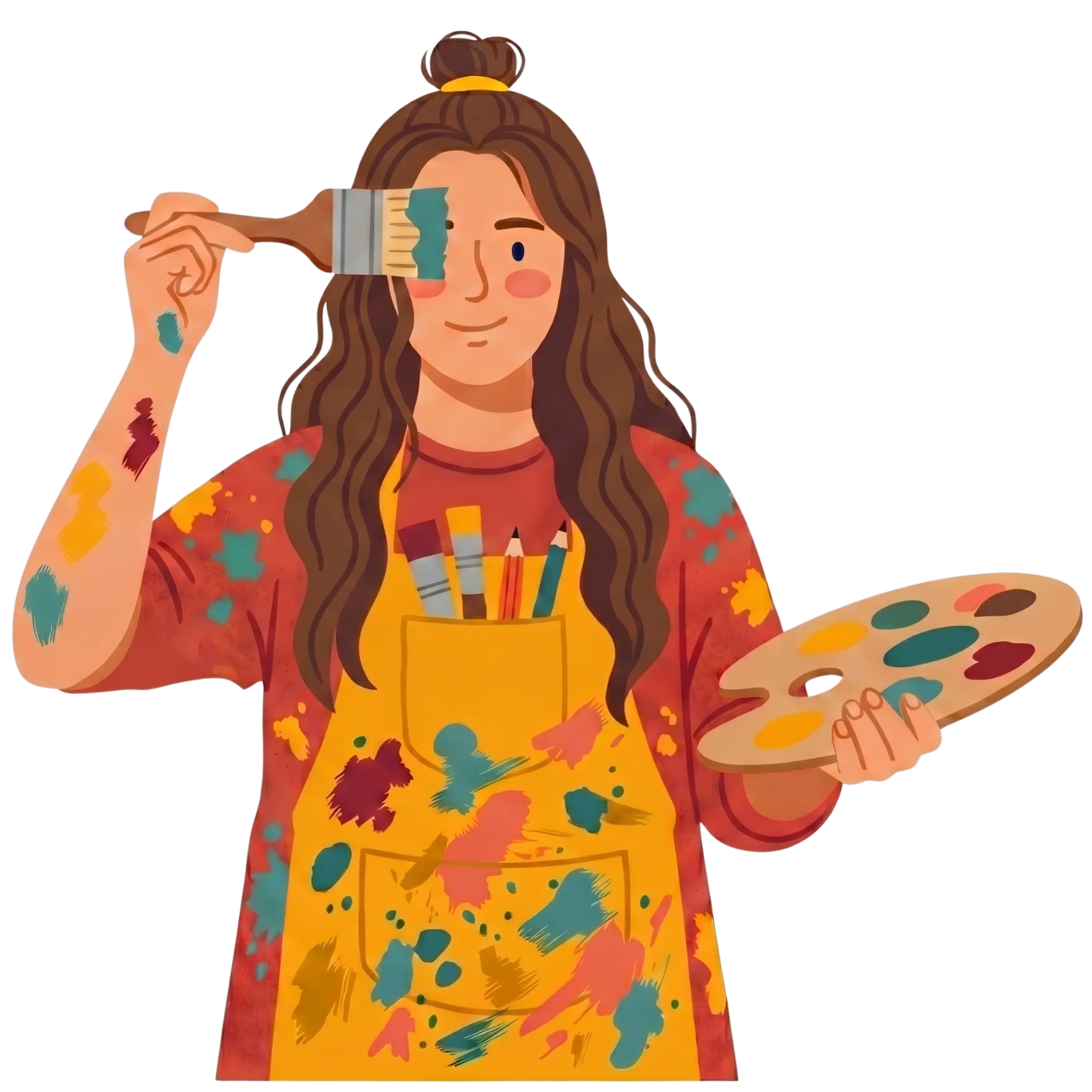 This minimalist illustration features a female artist with long, wavy brown hair tied in a bun, wearing a yellow apron covered in multi-colored paint splatters.