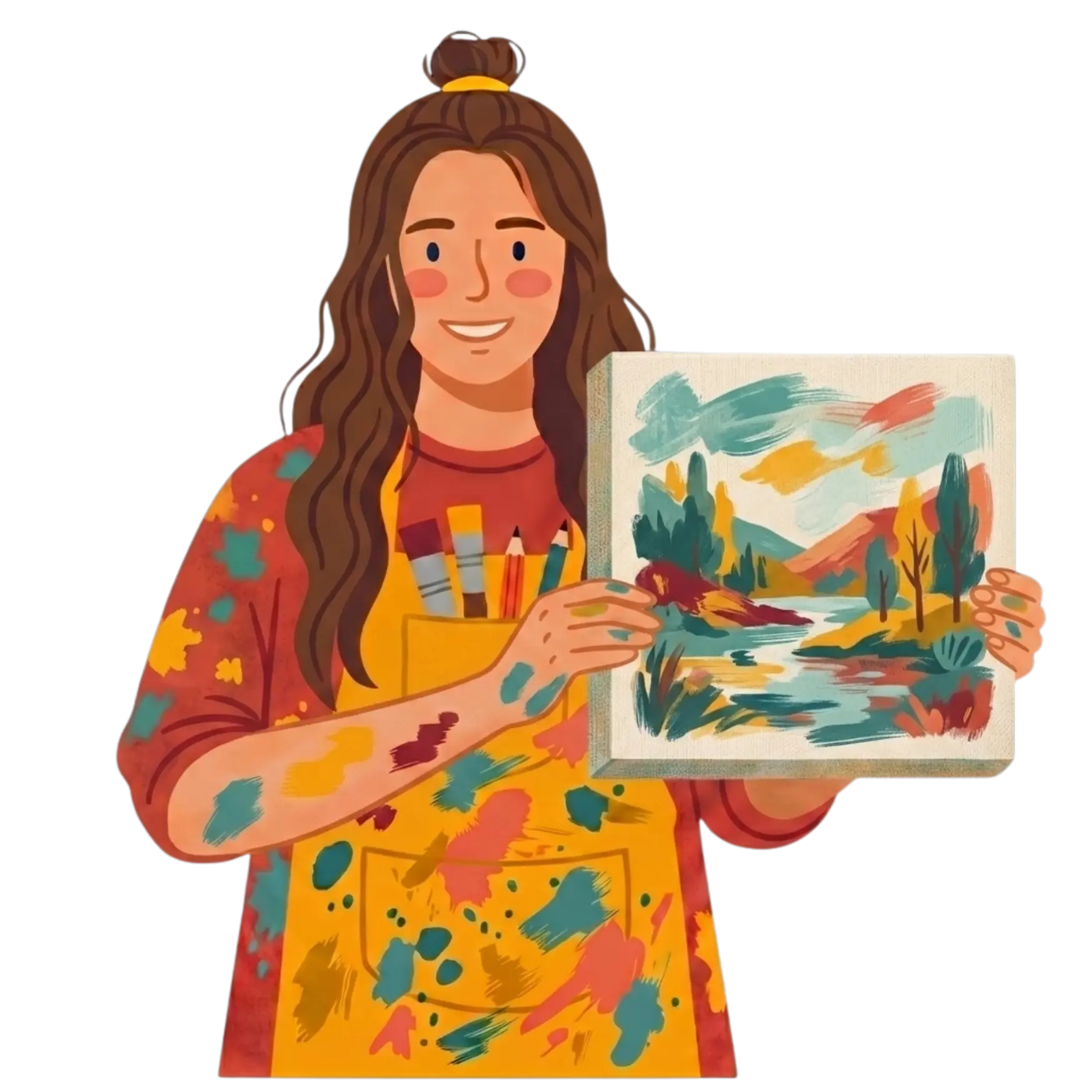 Minimalist illustration of a female artist in a paint-splattered yellow apron proudly holding an abstract landscape canvas.