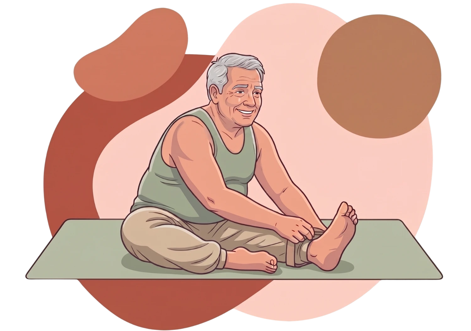Illustration of an older man practicing a seated head-to-knee stretch on a mat, with abstract shapes on a black background.