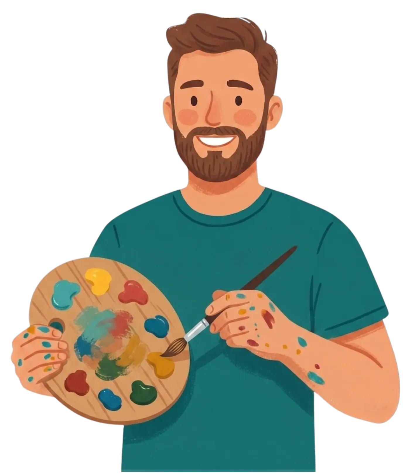 Minimalist illustration of a smiling male artist with a beard holding a wooden paint palette and a brush, featuring colorful paint splatters on his hands and arms.