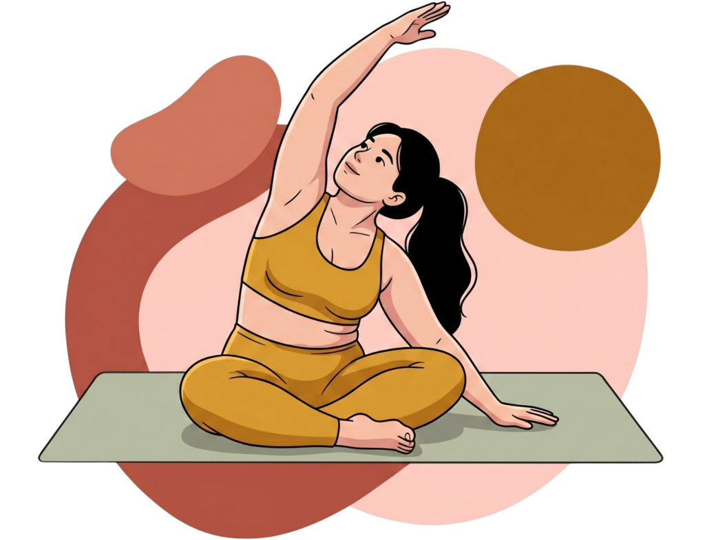 Illustration highlighting the benefits of yoga with a woman doing a seated side stretch on a mat against abstract shapes.v