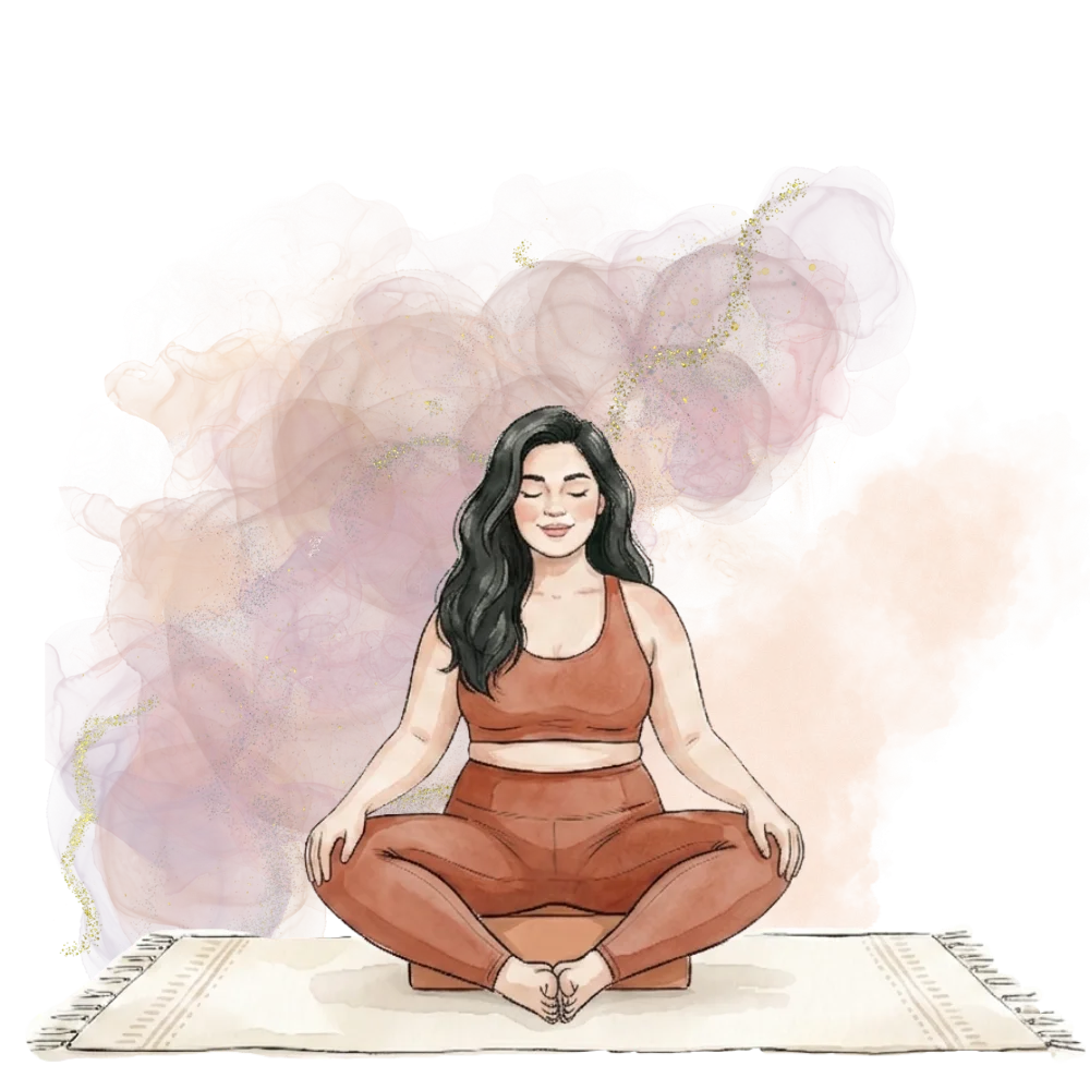An illustration of a woman meditating in a seated pose on a mat, with decorative smoke waves on a black background.
