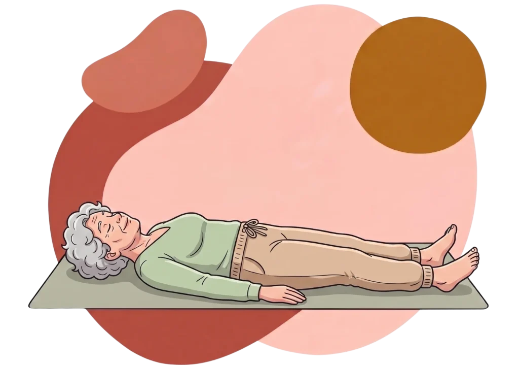 Illustration of an older woman resting in corpse pose on a mat, with abstract organic shapes on a black background.