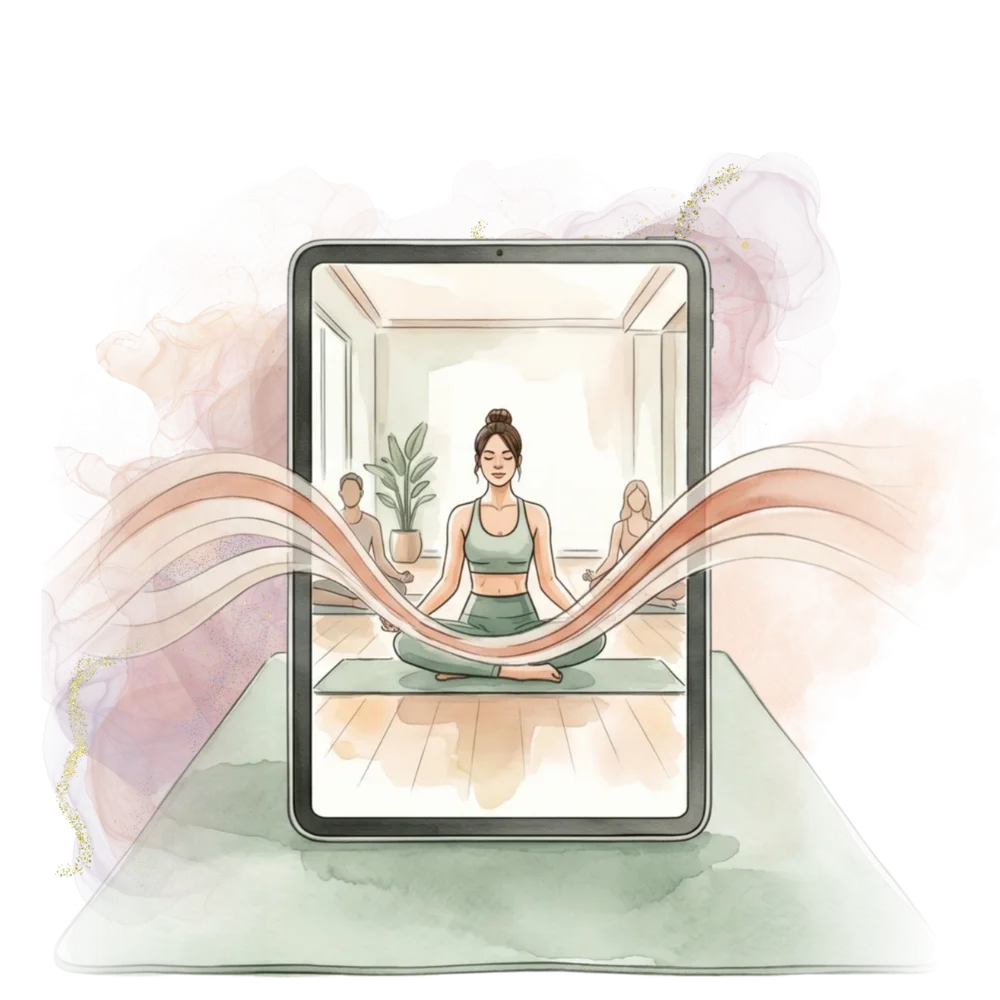 Illustration of an online yoga class on a tablet screen, with abstract pink smoke and waves on a black background.